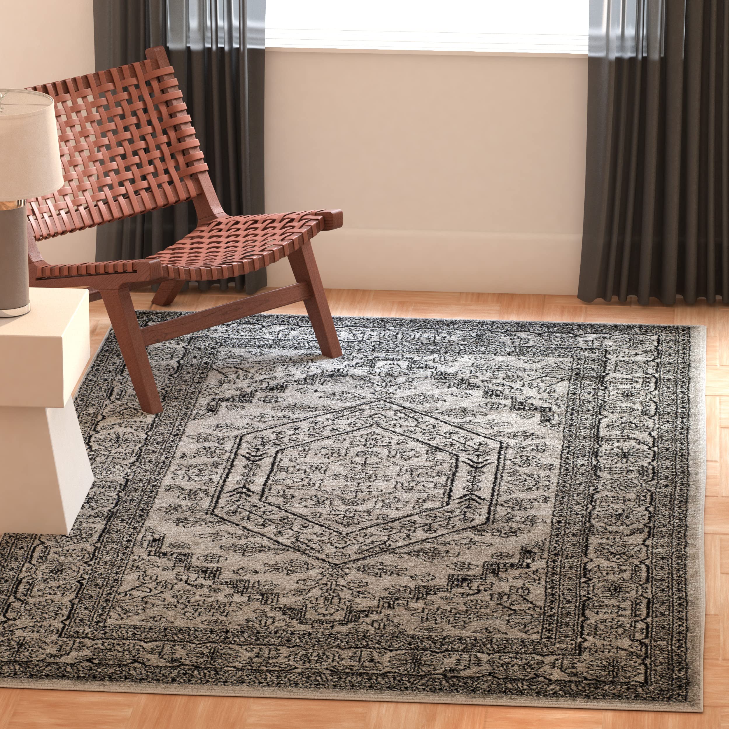 SAFAVIEH Adirondack Collection 4 Square Silver / Black ADR108A Oriental Medallion Non-Shedding Living Room Bedroom Accent Rug