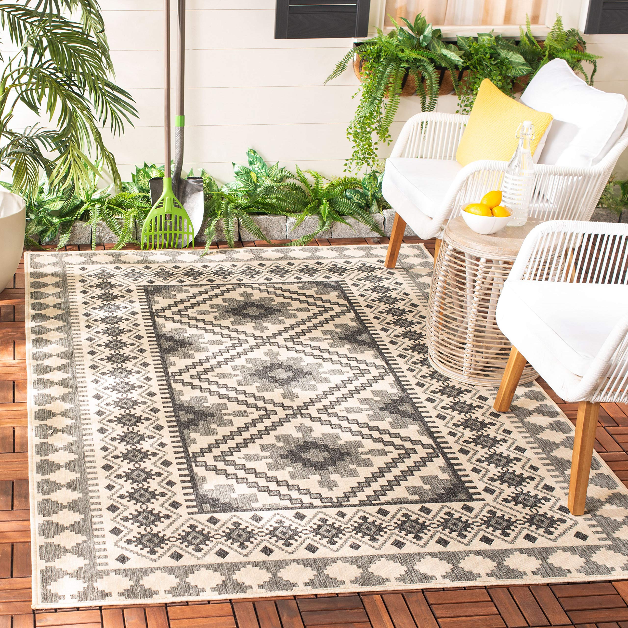 Safavieh Veranda Collection 5'3' X 7'7' Ivory / Slate Ver099 Boho Indoor/ Outdoor Non-Shedding Easy Cleaning Patio Backyard Po