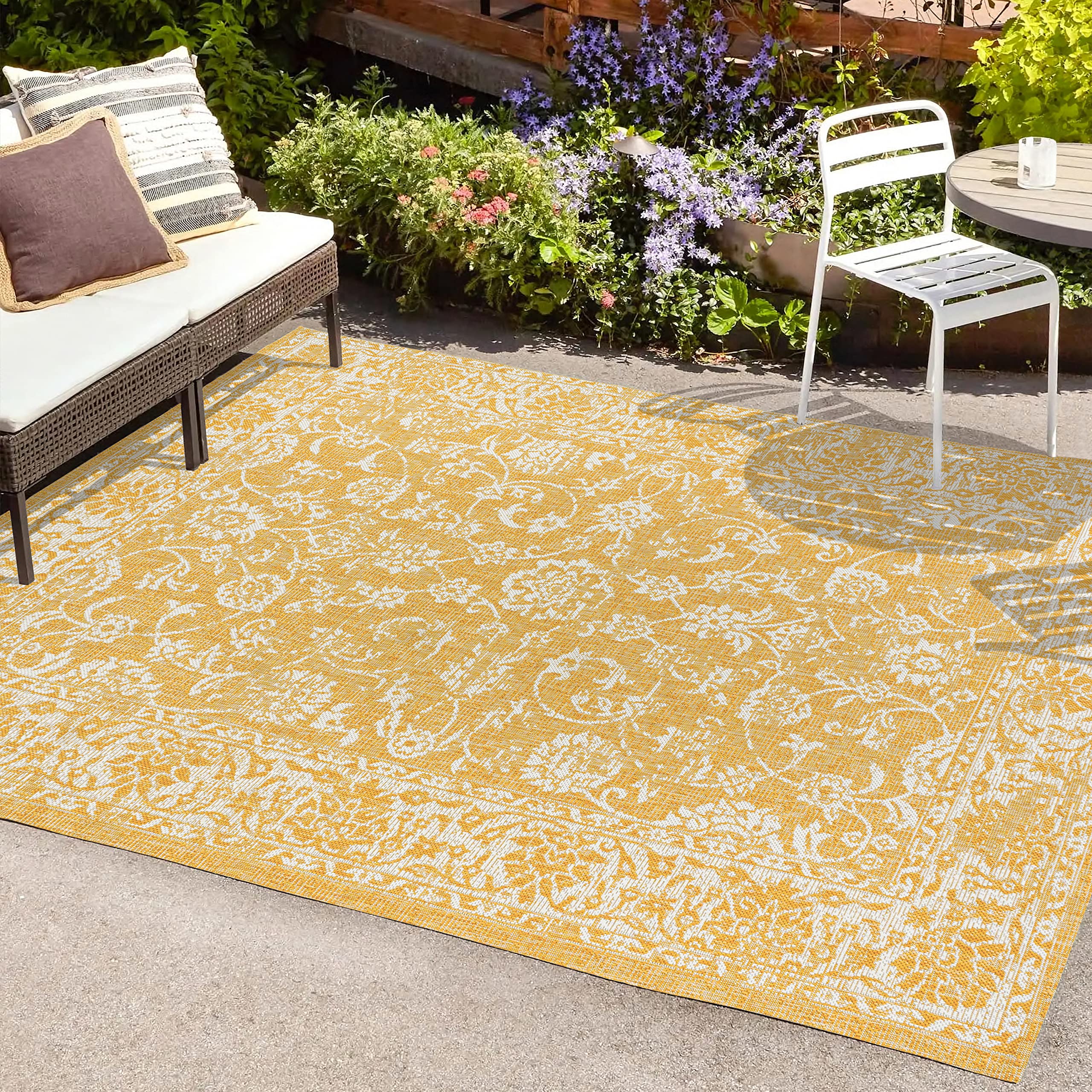 Jonathan Y Smb100E-4 Tela Bohemian Textured Weave Floral Indoor Outdoor Area Rug, Coastal, Traditional, Transitional Easy Cleaning,Bedroom,Kitchen,Backyard,Patio,Non Shedding, Yellow/Cream, 4 X 6