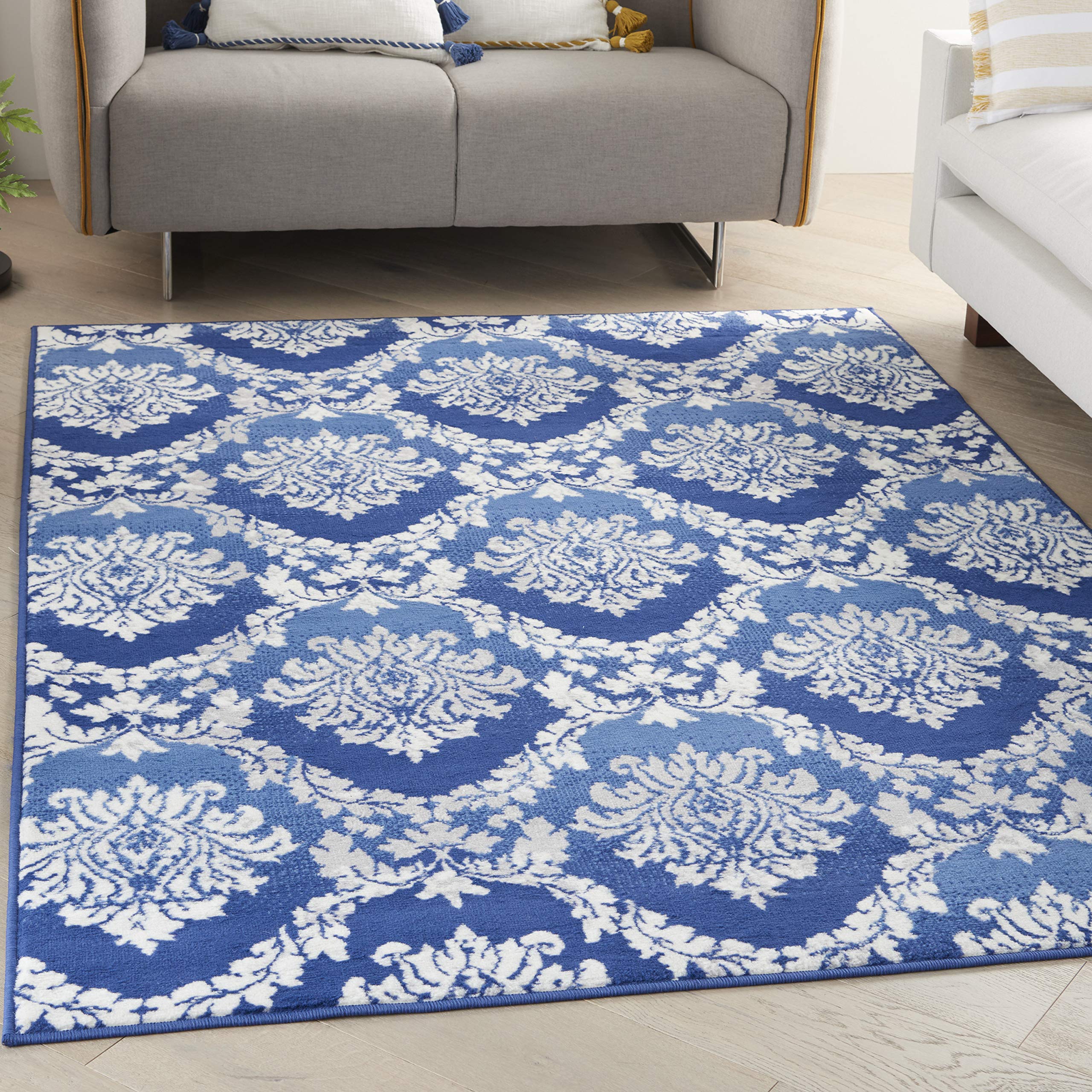 Nourison Whimsicle Damask Blue 6' X 9' Area Rug, Easy Cleaning, Non Shedding, Bed Room, Living Room, Dining Room, Kitchen (6X9)