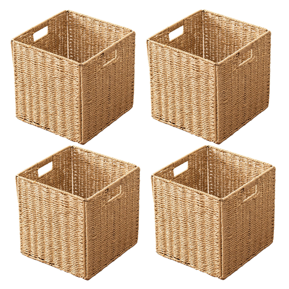 13x13x13 Storage Cube Bins Set of 4, Paper Rope Hand Woven Storage Basket with Handles, Collapsible Square Storage Cubes for She