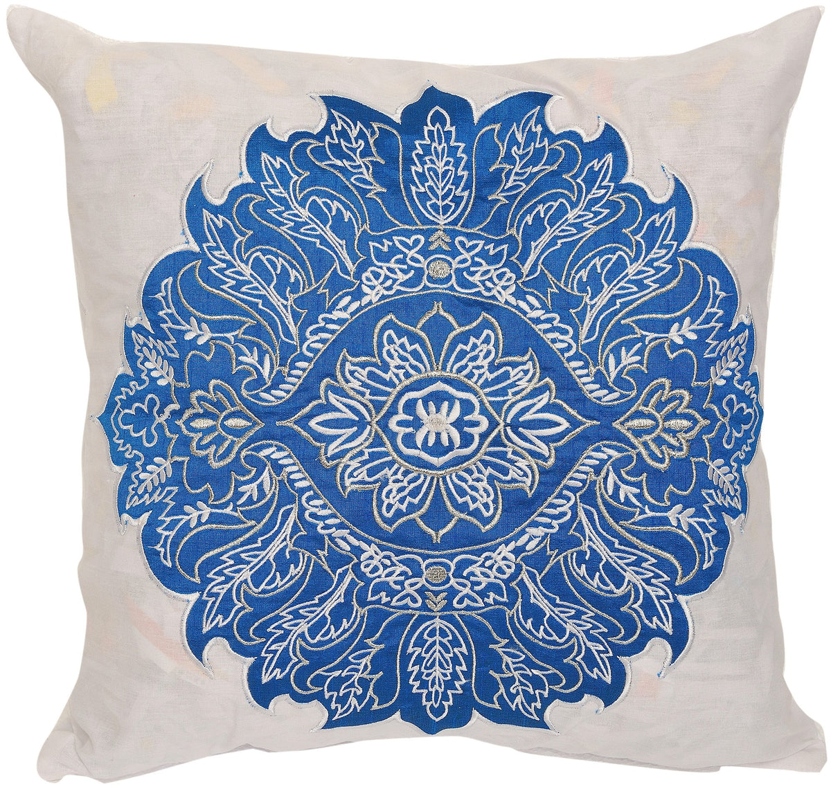 Exotic India BrightWhite Cushion Cover With Large Embroidered Floral Patch  Pure Cotton