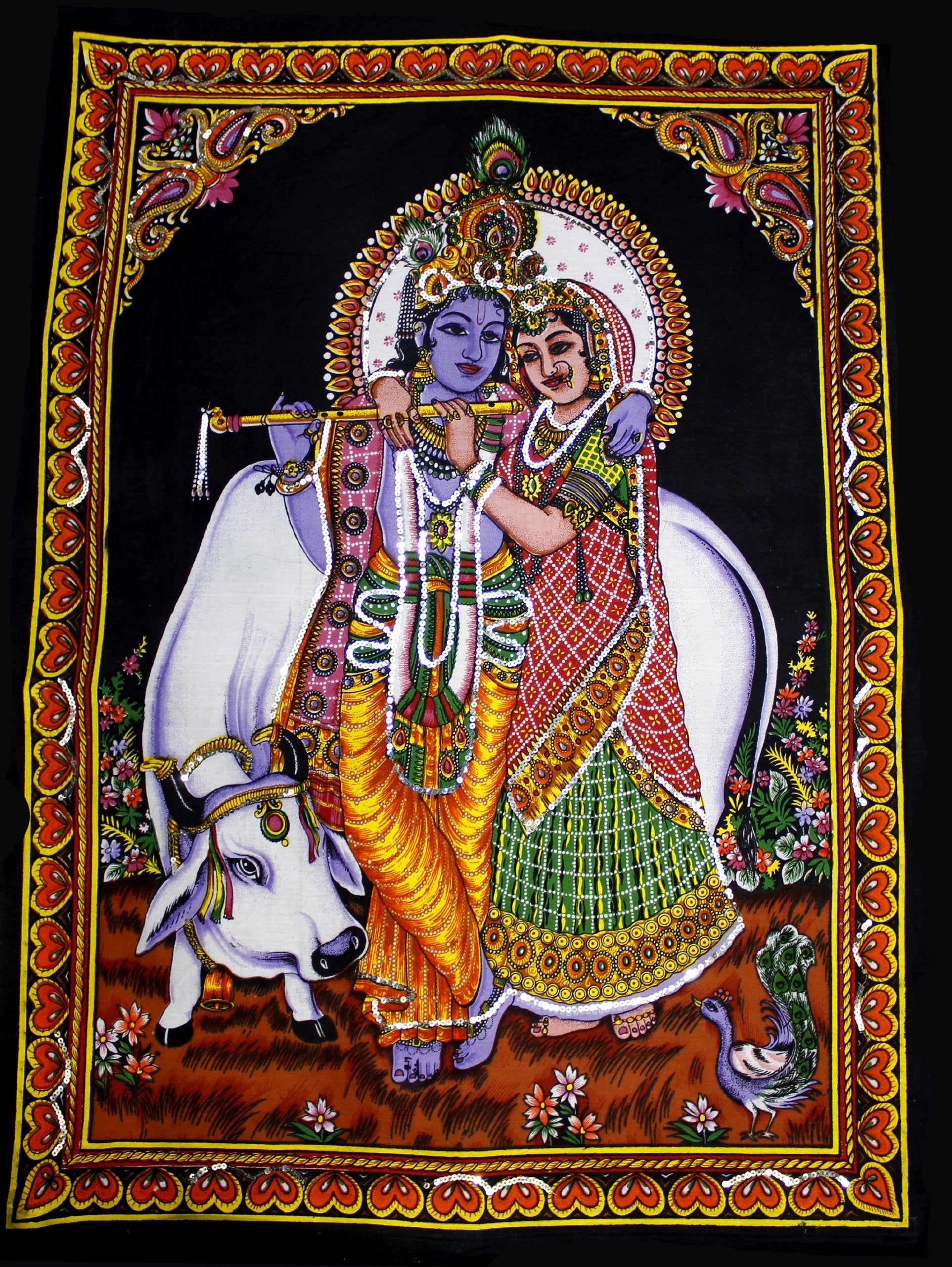 Krishna Radha Painting Art Handmade Miniature Hindu Indian Religious Ethnic Tapestry 40 X 30