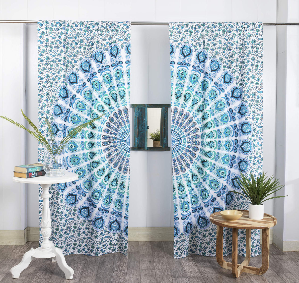Popular Handicrafts Indian Hippie Bohemian Beautiful Peacock Mandala Window Curtain Panels White Blue