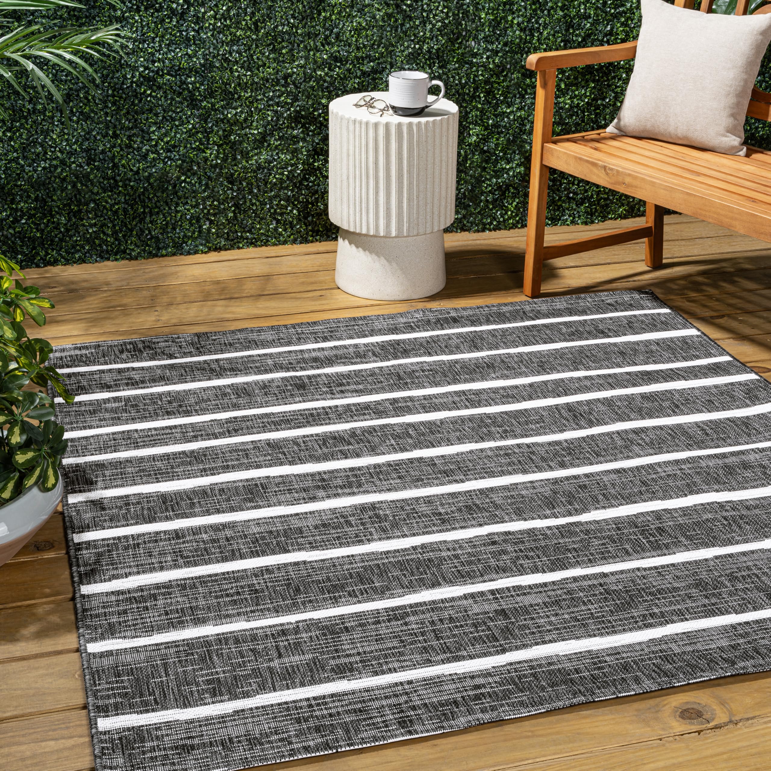 Jonathan Y Smb125E-3Sq Colonia Berber Stripe Black/Ivory 3' Square Indoor/Outdoor Area Rug, Pet Friendly, Non-Shedding, Stain Re