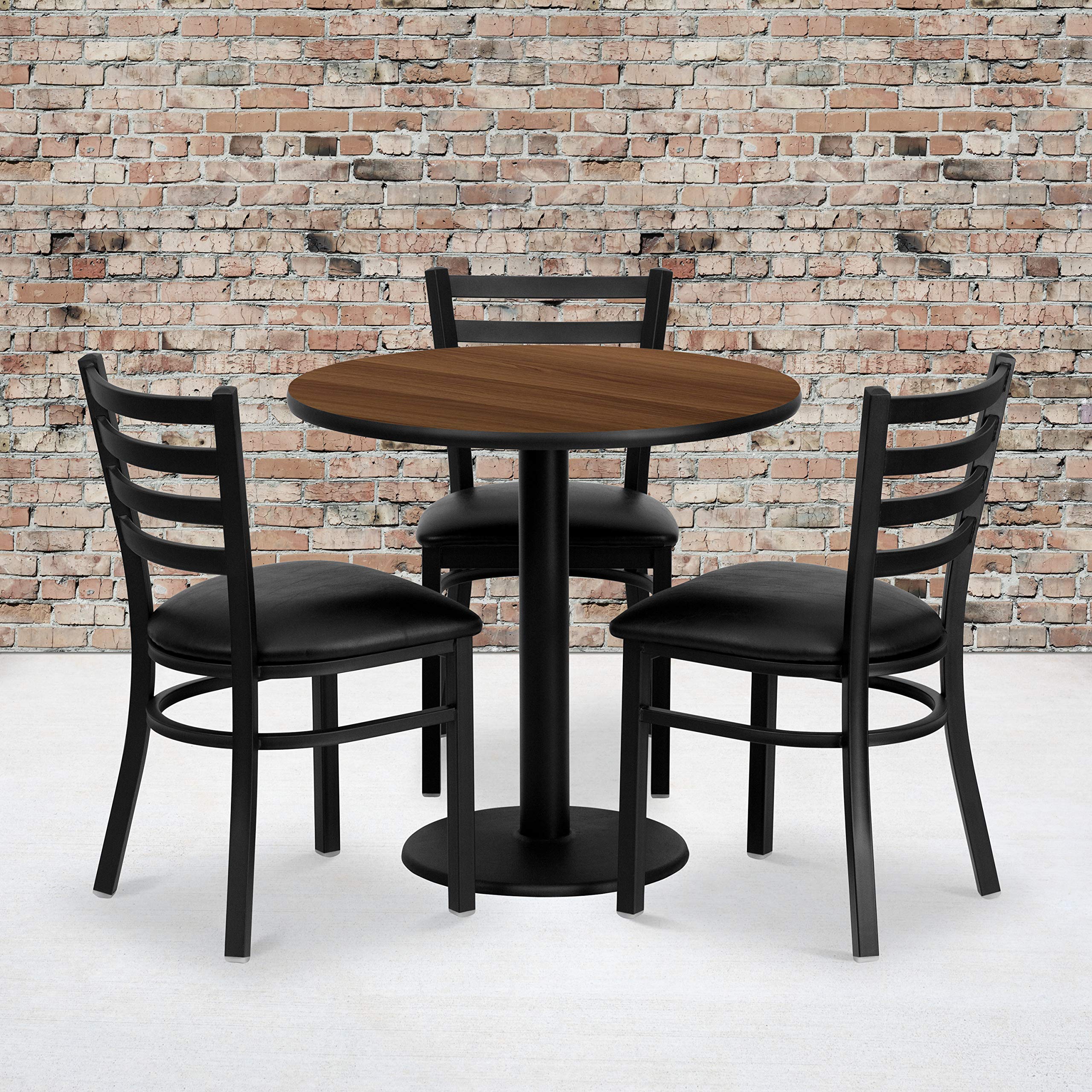 Flash Furniture 30'' Round Walnut Laminate Table Set With 3 Ladder Back Metal Chairs - Black Vinyl Seat