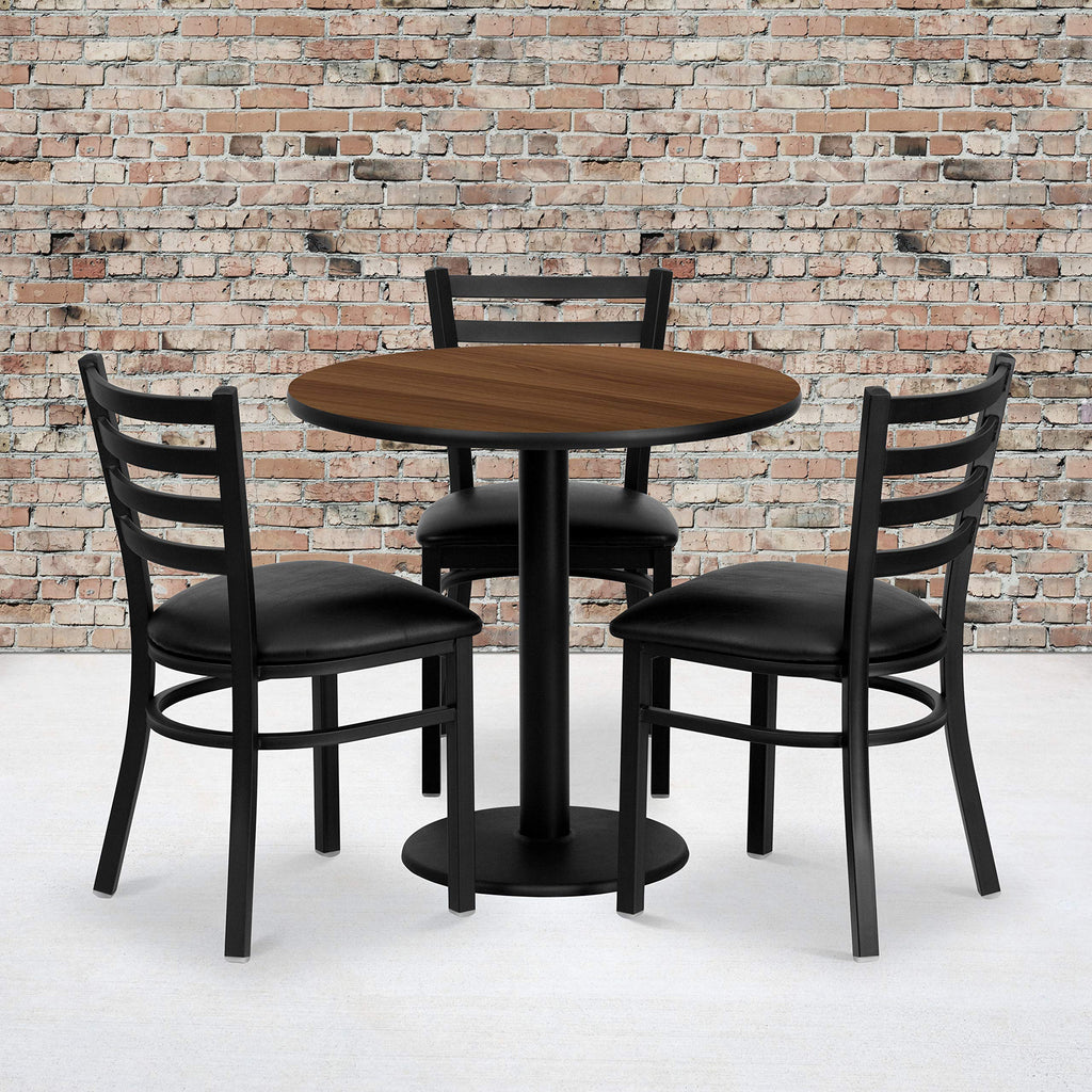 Flash Furniture 30'' Round Walnut Laminate Table Set With 3 Ladder Back Metal Chairs - Black Vinyl Seat