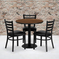 Flash Furniture 30'' Round Walnut Laminate Table Set With 3 Ladder Back Metal Chairs - Black Vinyl Seat
