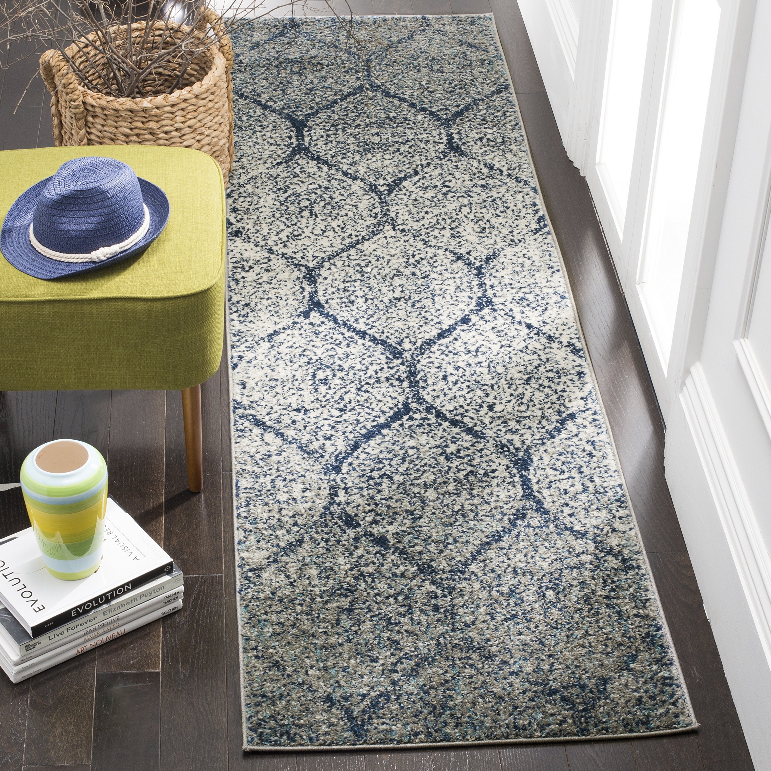 SAFAVIEH Madison Collection Runner Rug - 23 x 14, Navy & Silver, Glam Ogee Trellis Distressed Design, Non-Shedding & Easy Care