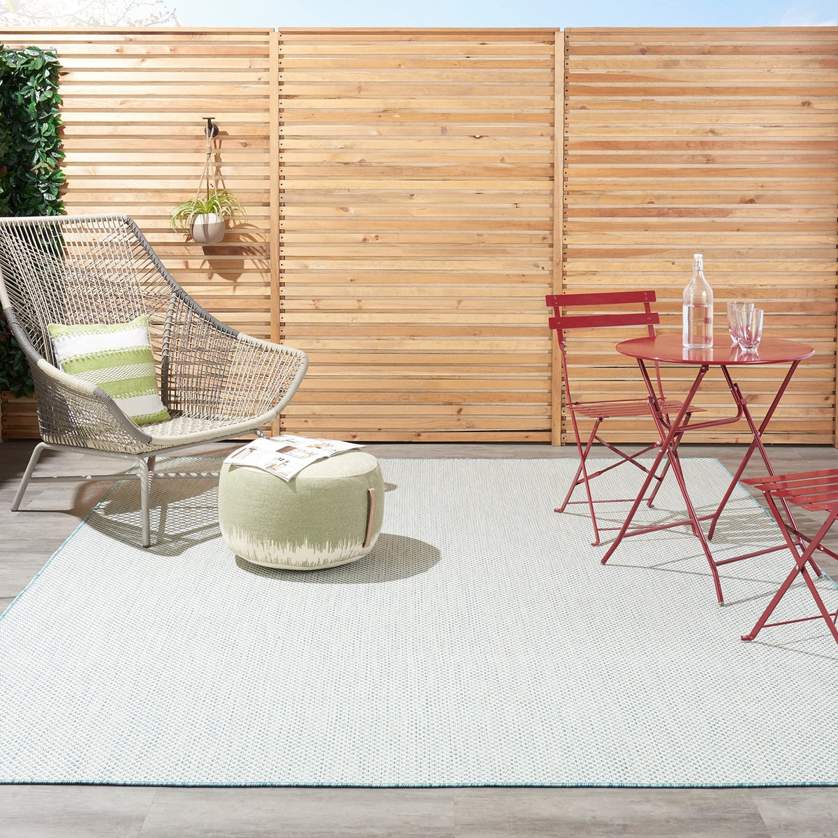 Nourison Courtyard Indoor/Outdoor Ivory Aqua 7' X 10' Area Rug, Geometric, Easy Cleaning, Non Shedding, Bed Room, Living Room, D