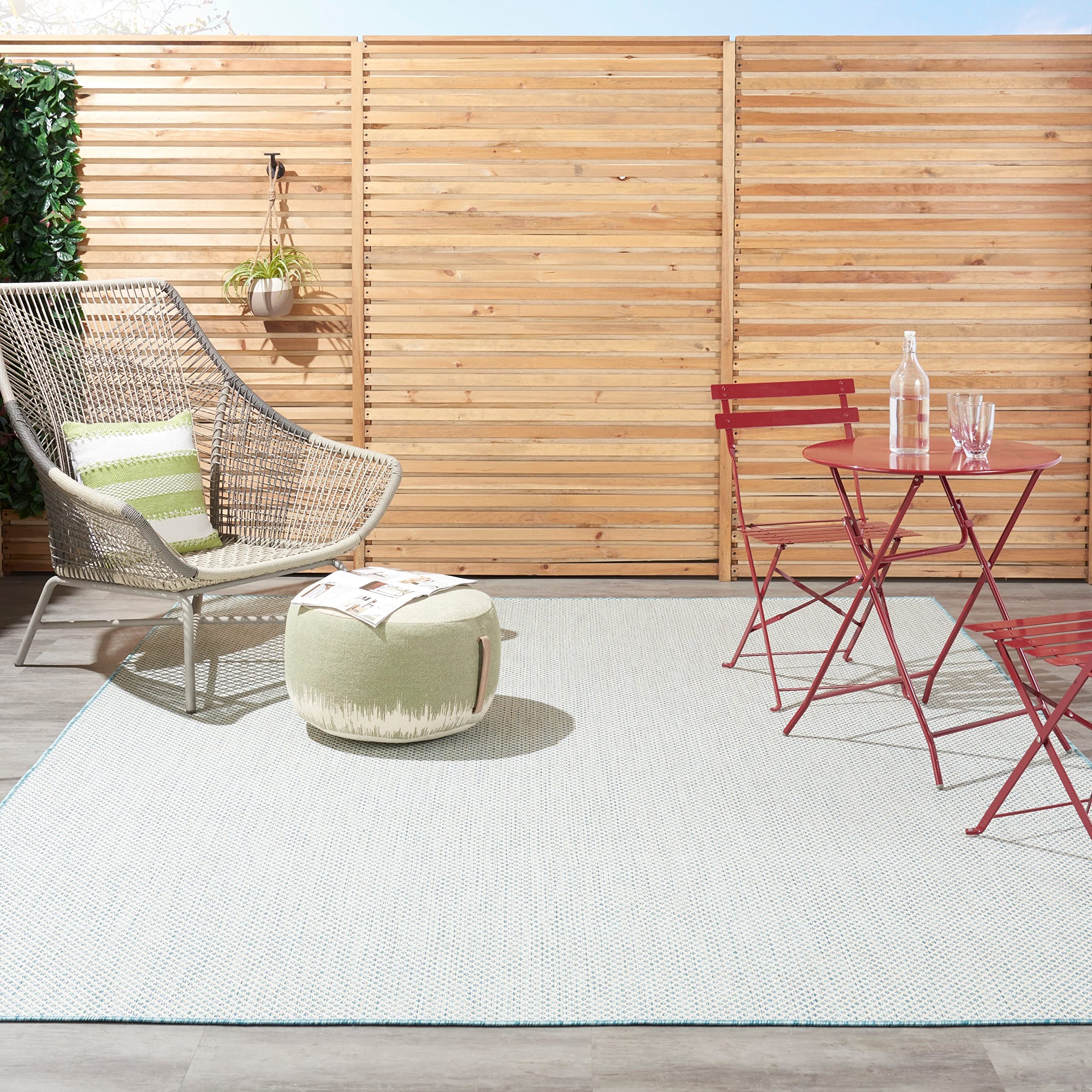 Nourison Courtyard Indoor/Outdoor Ivory Aqua 7' X 10' Area Rug, Geometric, Easy Cleaning, Non Shedding, Bed Room, Living Room, D