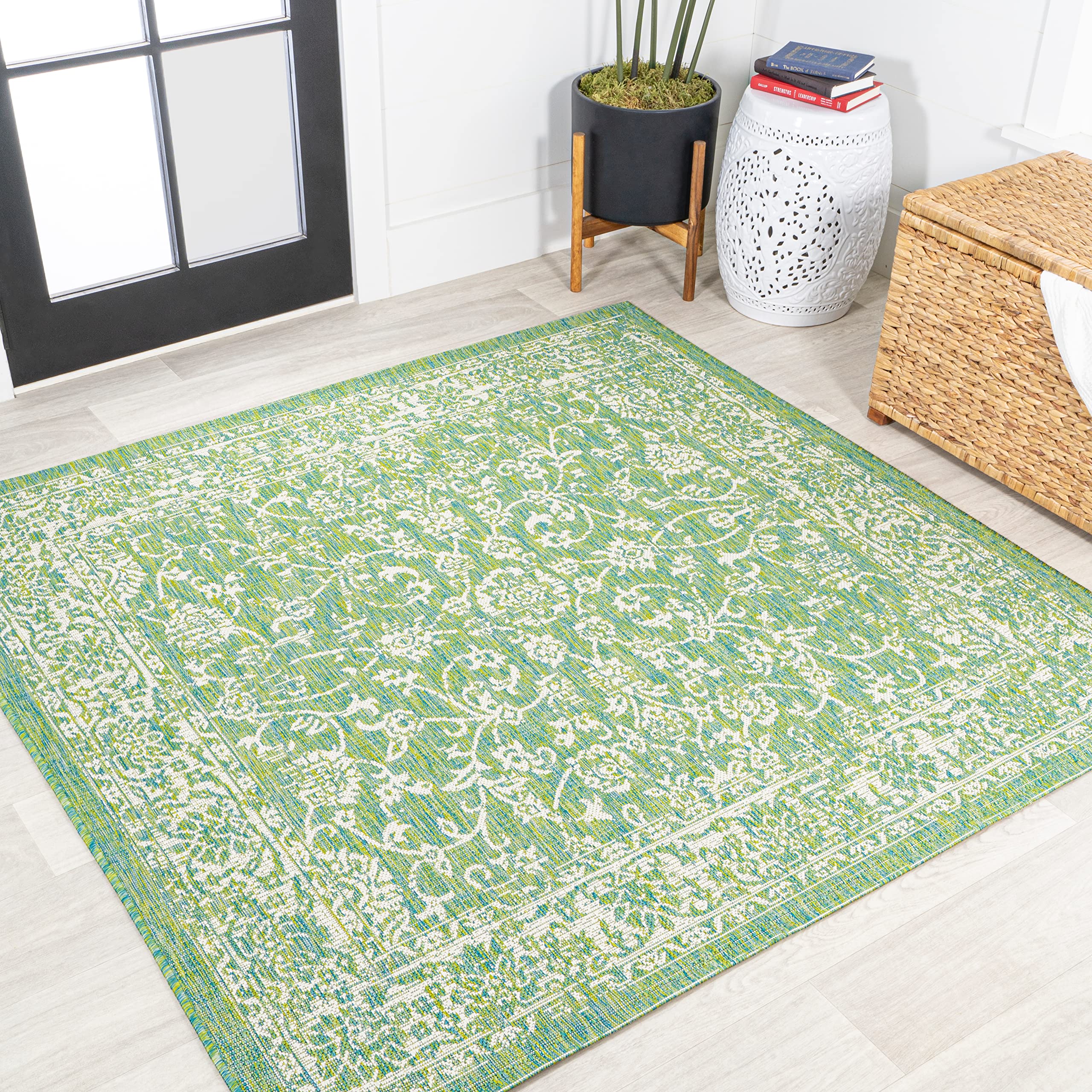 Jonathan Y Smb100F-5Sq Tela Bohemian Textured Weave Floral Indoor Outdoor Area-Rug, Coastal, Traditional, Transitional Easy-Clea