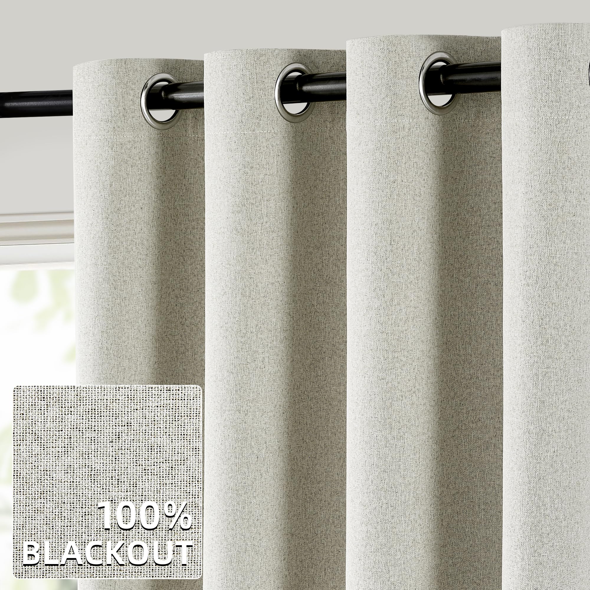 ChrisDowa 100% Blackout Linen Textured Curtains 84 inches Long for Bedroom Warm Grey Beige Grommet Room Darkening Curtains & Dra