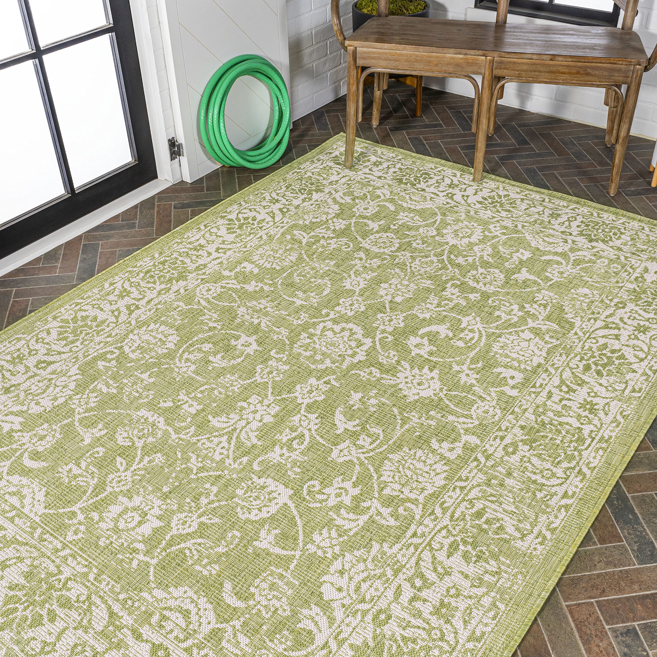 Jonathan Y Smb100D-5 Tela Bohemian Textured Weave Floral Indoor Outdoor Area-Rug, Coastal Traditional Transitional Easy-Cleaning,Bedroom,Kitchen,Backyard,Patio,Non Shedding 5 X 8, Green/Cream