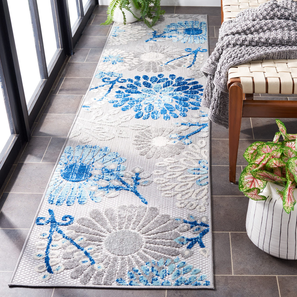 Safavieh Cabana Collection 2' X 14' Grey/Blue Cbn832F Floral Indoor/ Outdoor Easy Cleaning Patio Backyard Mudroom Runner Rug