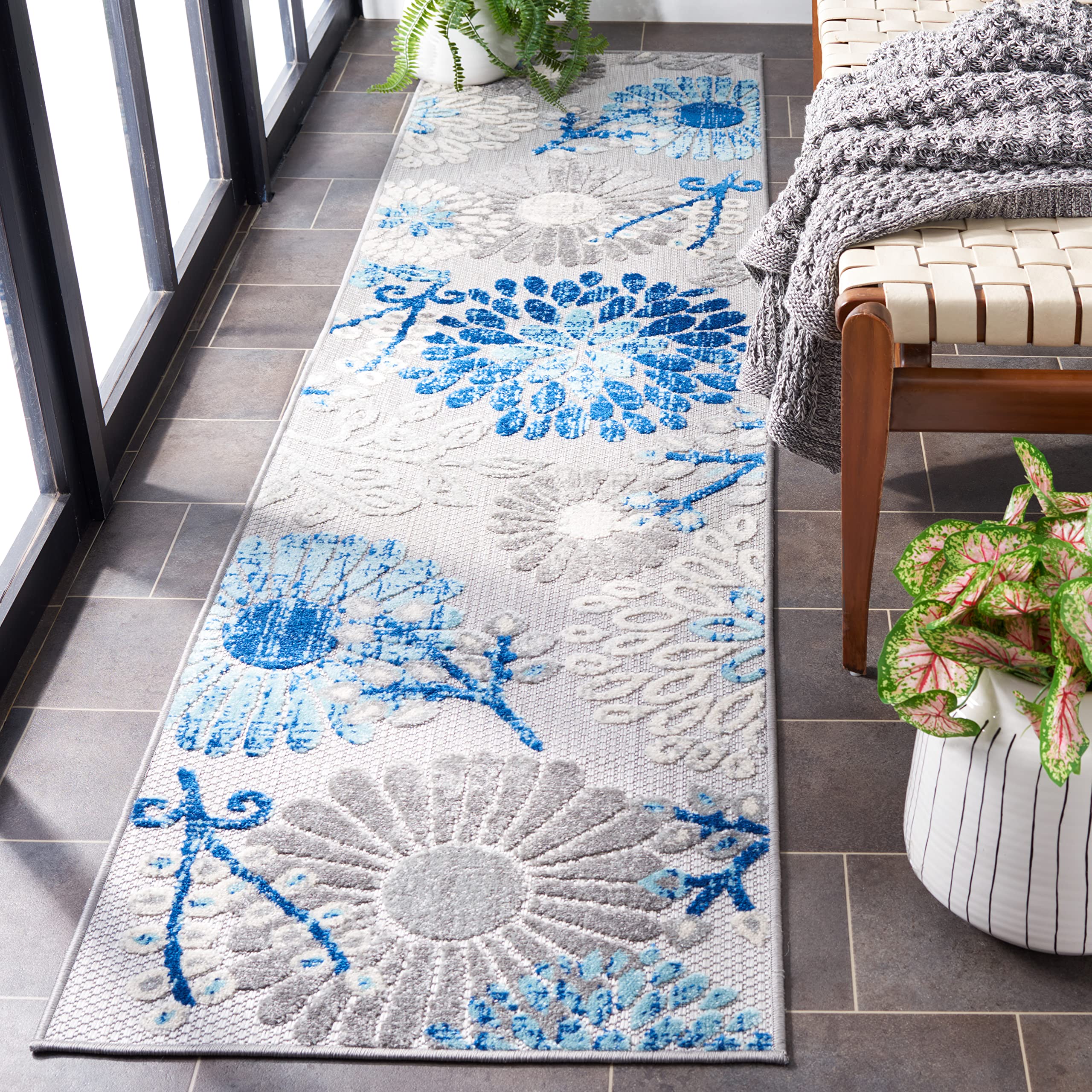 Safavieh Cabana Collection Runner Rug - 2' X 6', Grey & Blue, Floral Design, Non-Shedding & Easy Care, Indoor/Outdoor & Washable-Ideal For Patio, Backyard, Mudroom (Cbn832F)