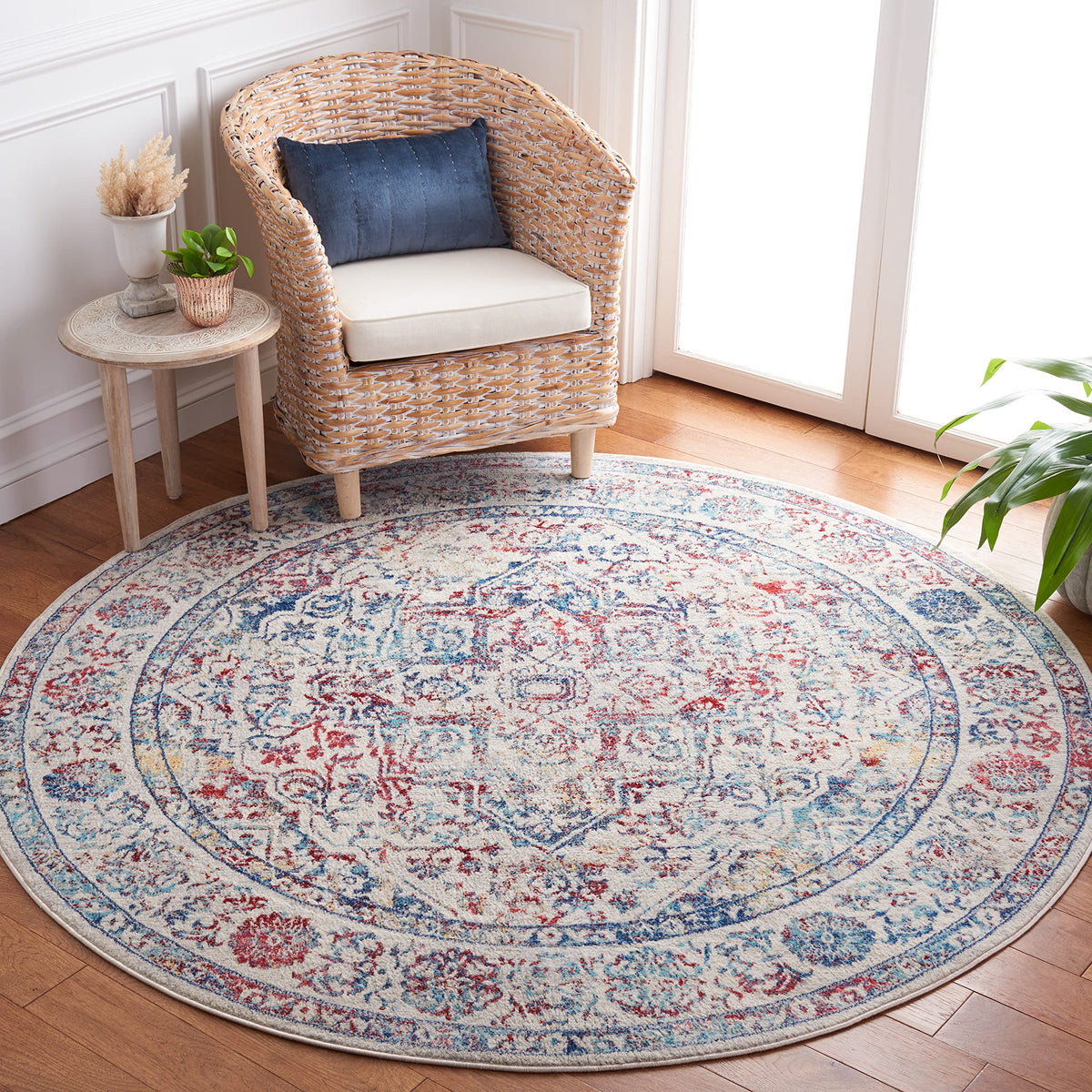 Safavieh Brentwood Collection Area Rug - 3' Round, Ivory & Blue, Medallion Distressed Design, Non-Shedding & Easy Care, Ideal fo