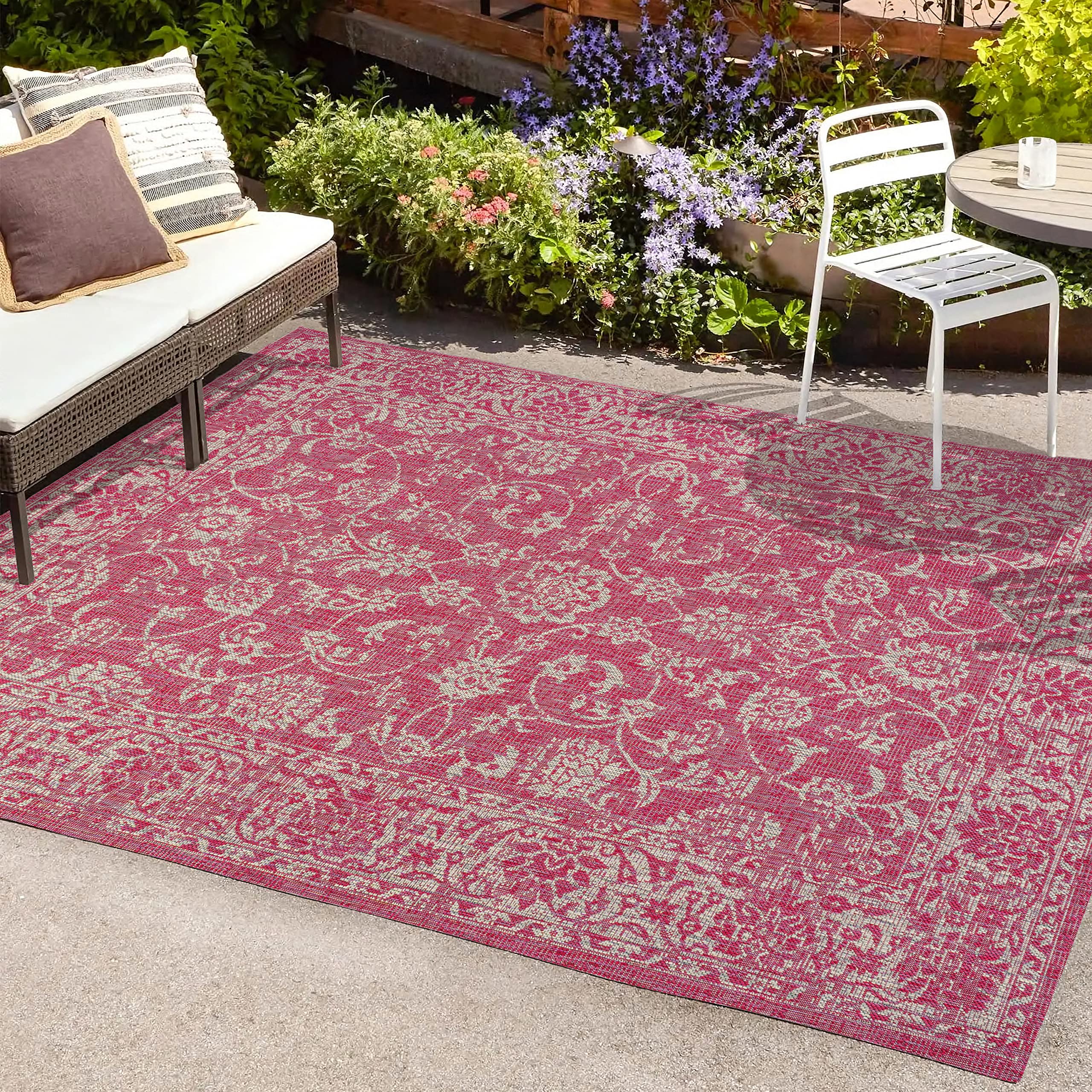 Jonathan Y Smb100G-9 Tela Bohemian Textured Weave Floral Indoor Outdoor Area Rug, Coastal,Traditional,Transitional Easy Clean,Bedroom,Kitchen,Backyard,Patio, Non-Shed, Fuchsia/Light Gray, 9 X 12