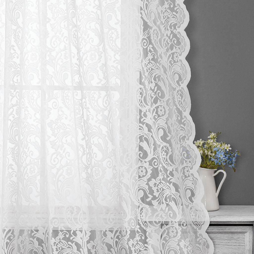 Bujasso White Sheer Lace Curtains 63 inch Vintage Floral Sheer Window Curtain Panels for Living Room Bedroom Elegant Light Filte