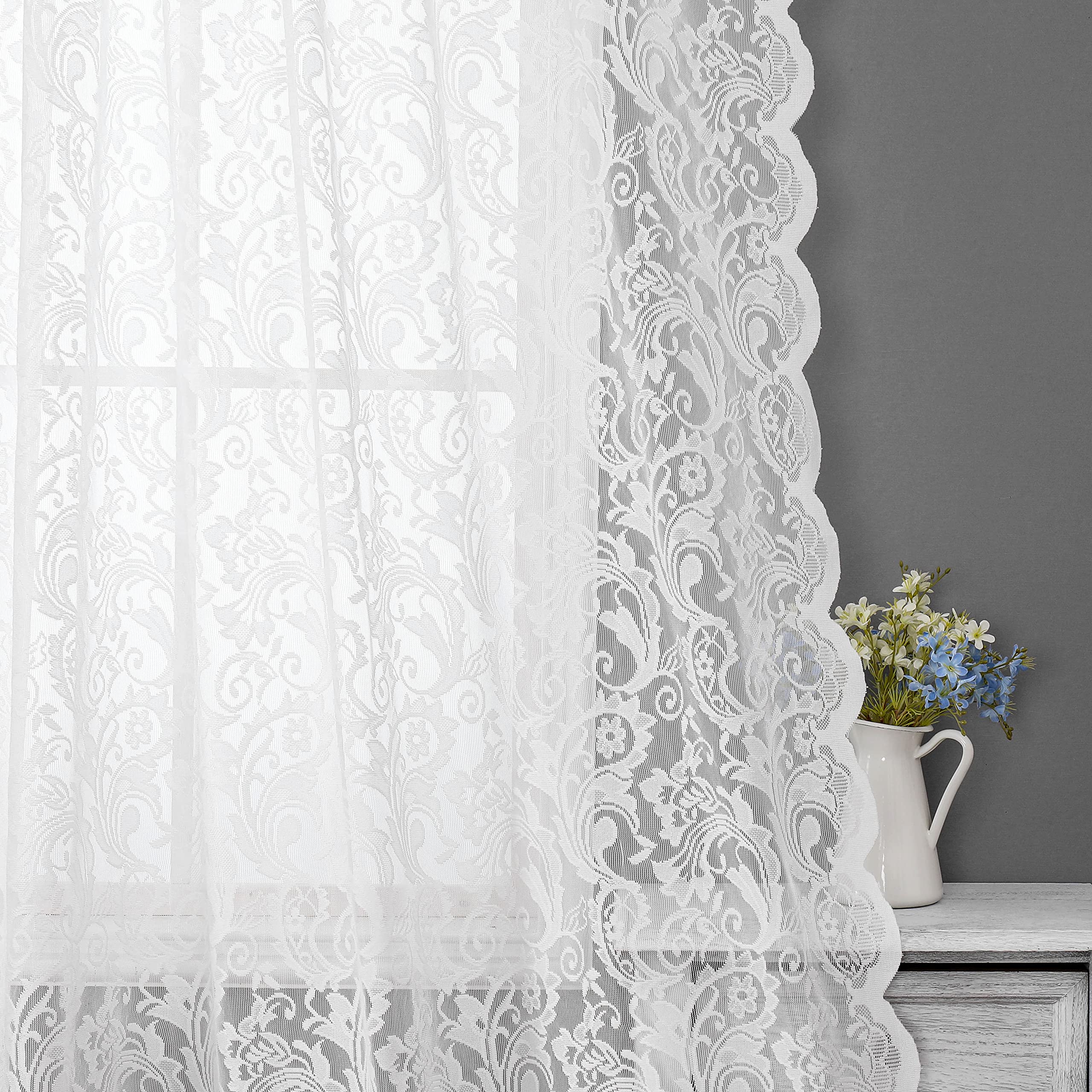 Bujasso White Sheer Lace Curtains 63 inch Vintage Floral Sheer Window Curtain Panels for Living Room Bedroom Elegant Light Filte