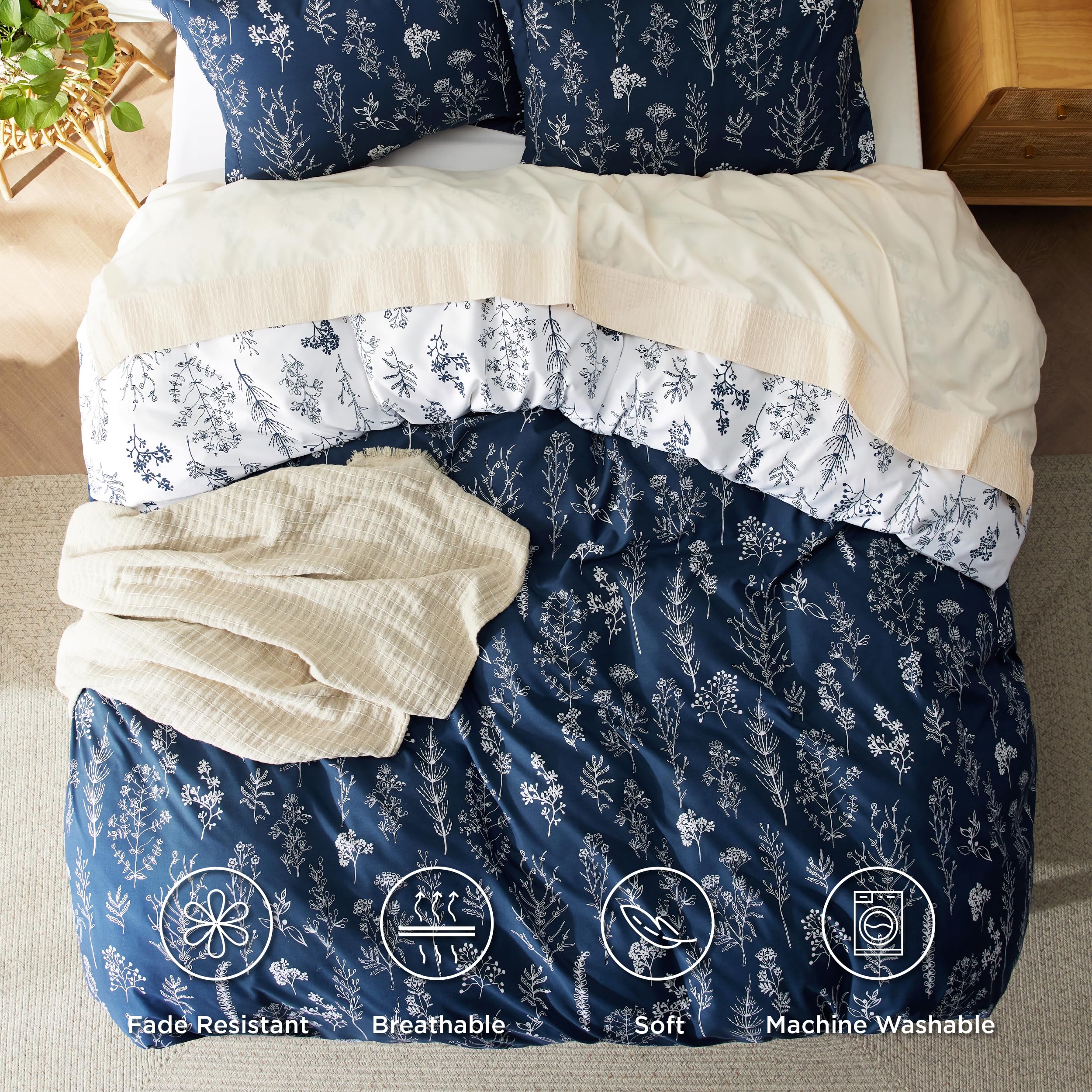 Bedsure Duvet Cover Full Size - Reversible Navy Blue Full Duvet Cover Set With Zipper Closure, 3 Pieces Cute Floral Botanical Bedding Set With 8 Corner Ties And 2 Pillow Shams