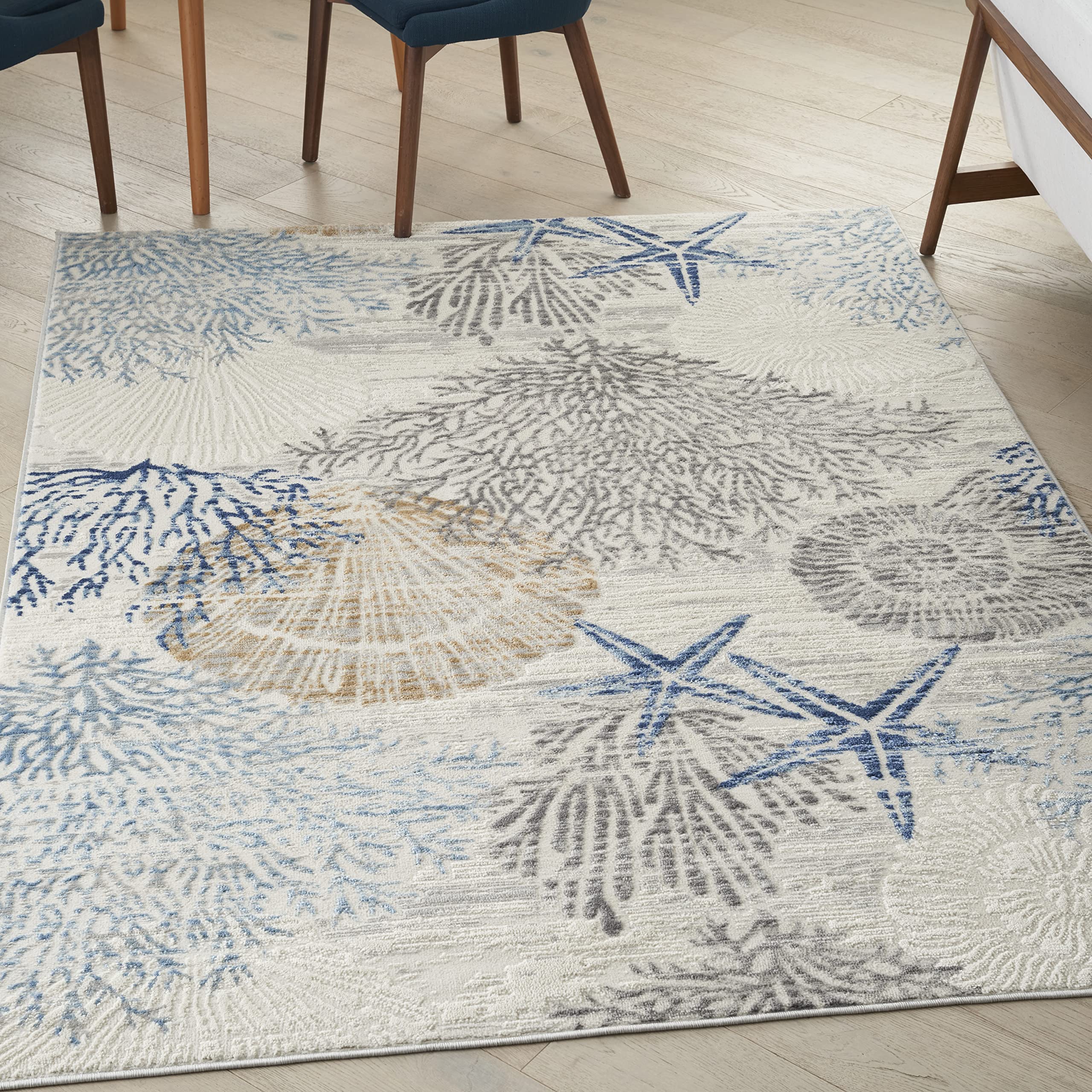 Nourison Pompeii Nature Ivory Grey Blue 4 x 6 Area Rug, Easy Clean, Non Shedding, Bed Room, Living Room, Dining Room, Kitchen 