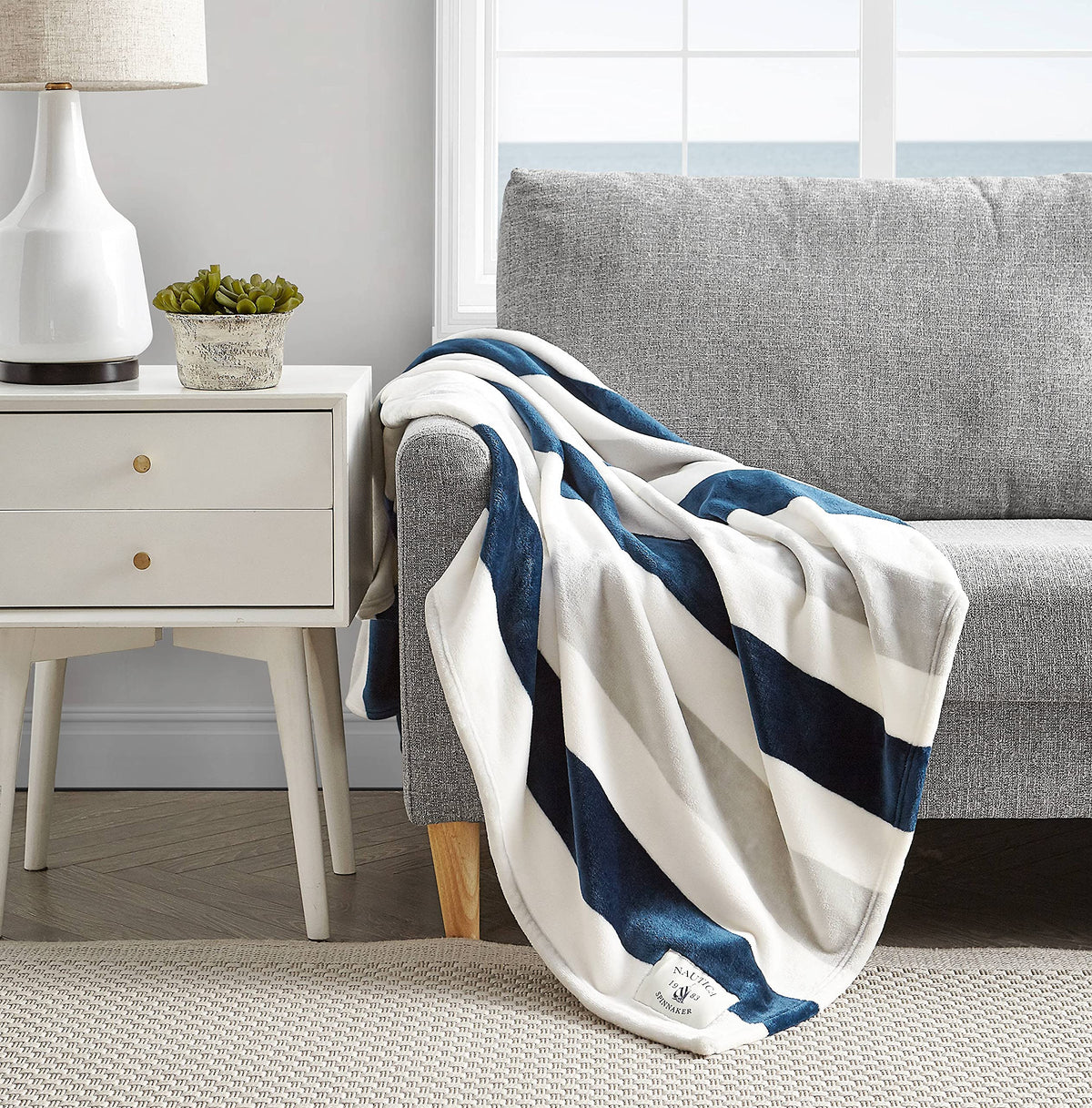 Nautica - Throw Blanket, Super Soft & Cozy Fleece Bedding, Dorm Room Essentials (Awning Stripe Navy, Throw)
