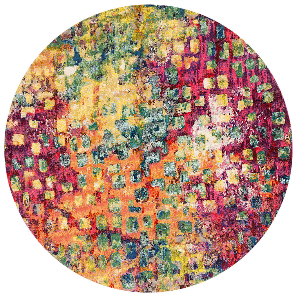 Safavieh Madison Collection 6'7'' Round Fuchsia / Gold Mad425D Boho Abstract Distressed Non-Shedding Dining Room Entryway Foyer