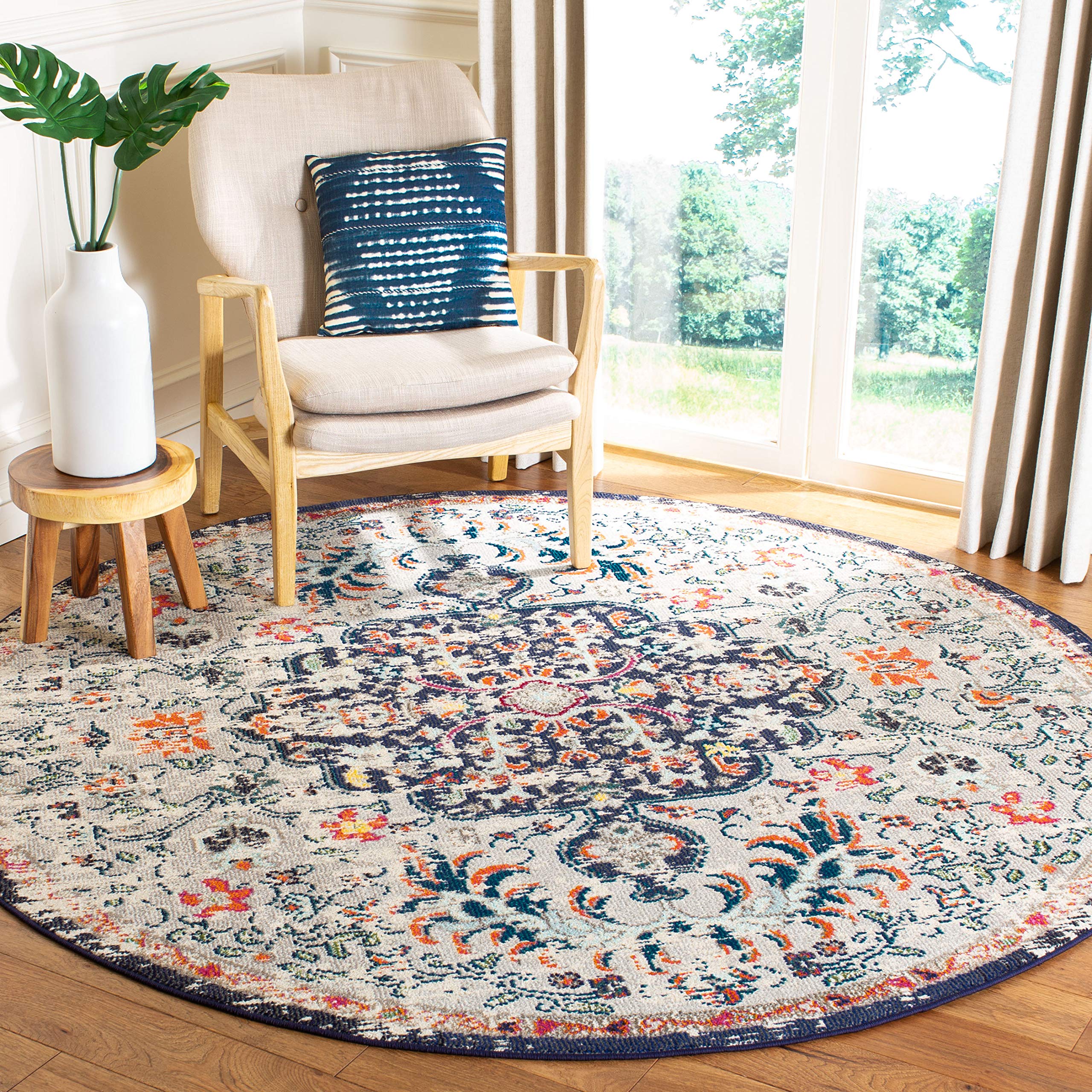 SAFAVIEH Madison Collection 3 Round Beige / Black MAD447B Boho Chic Medallion Distressed Non-Shedding Dining Room Entryway Foye
