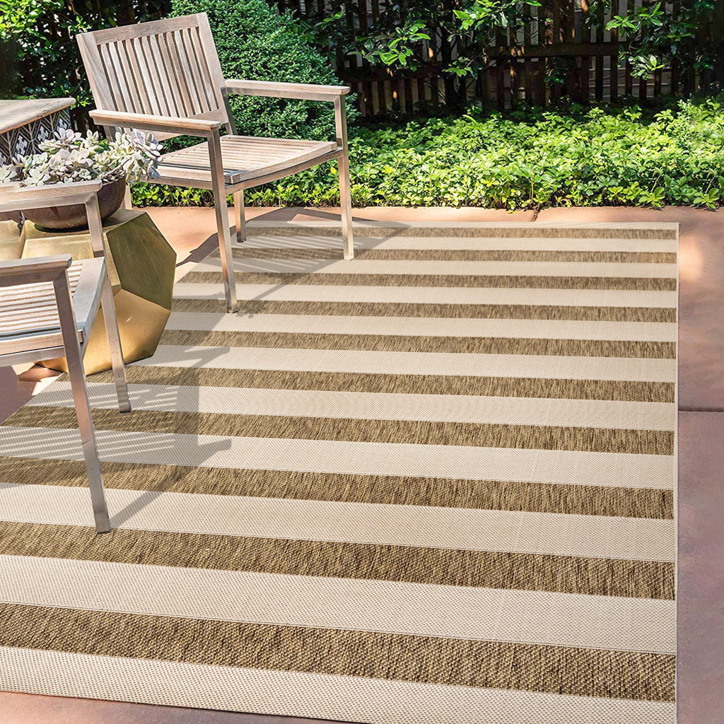 Jonathan Y Smb112A-4 Aveiro Wide Stripe Indoor Outdoor Area Rug, Bohemian, Coastal, Mediterranean Easy Cleaning,Bedroom,Kitchen,Backyard,Patio,Non Shedding, Beige/Brown, 4 X 6