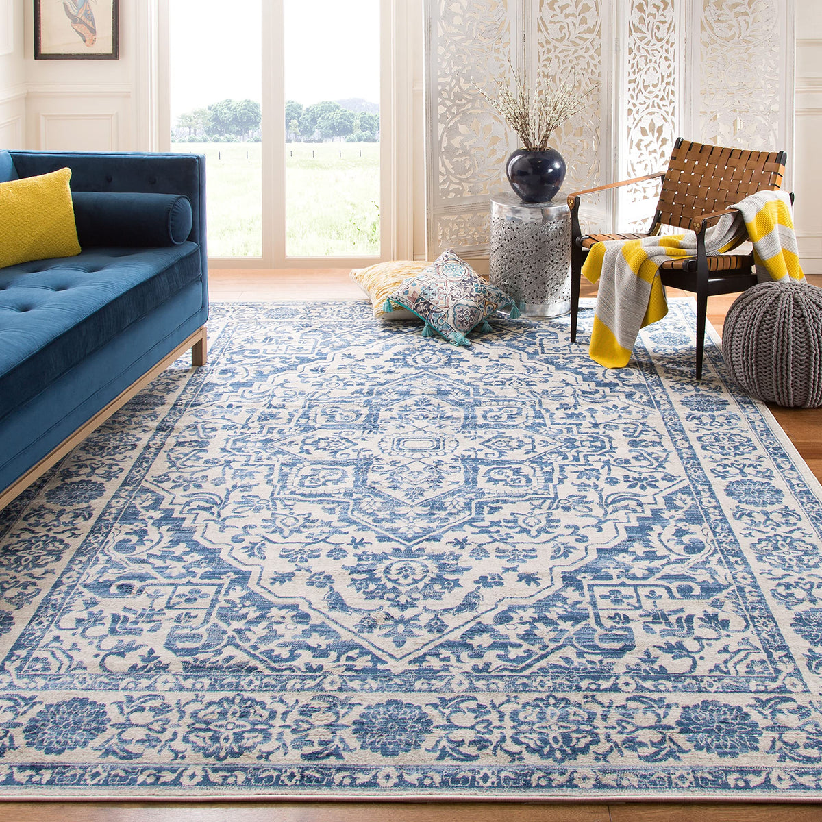 SAFAVIEH Brentwood Collection X-Large Area Rug - 11' x 15', Navy & Light Grey, Medallion Distressed Design, Non-Shedding & Easy 