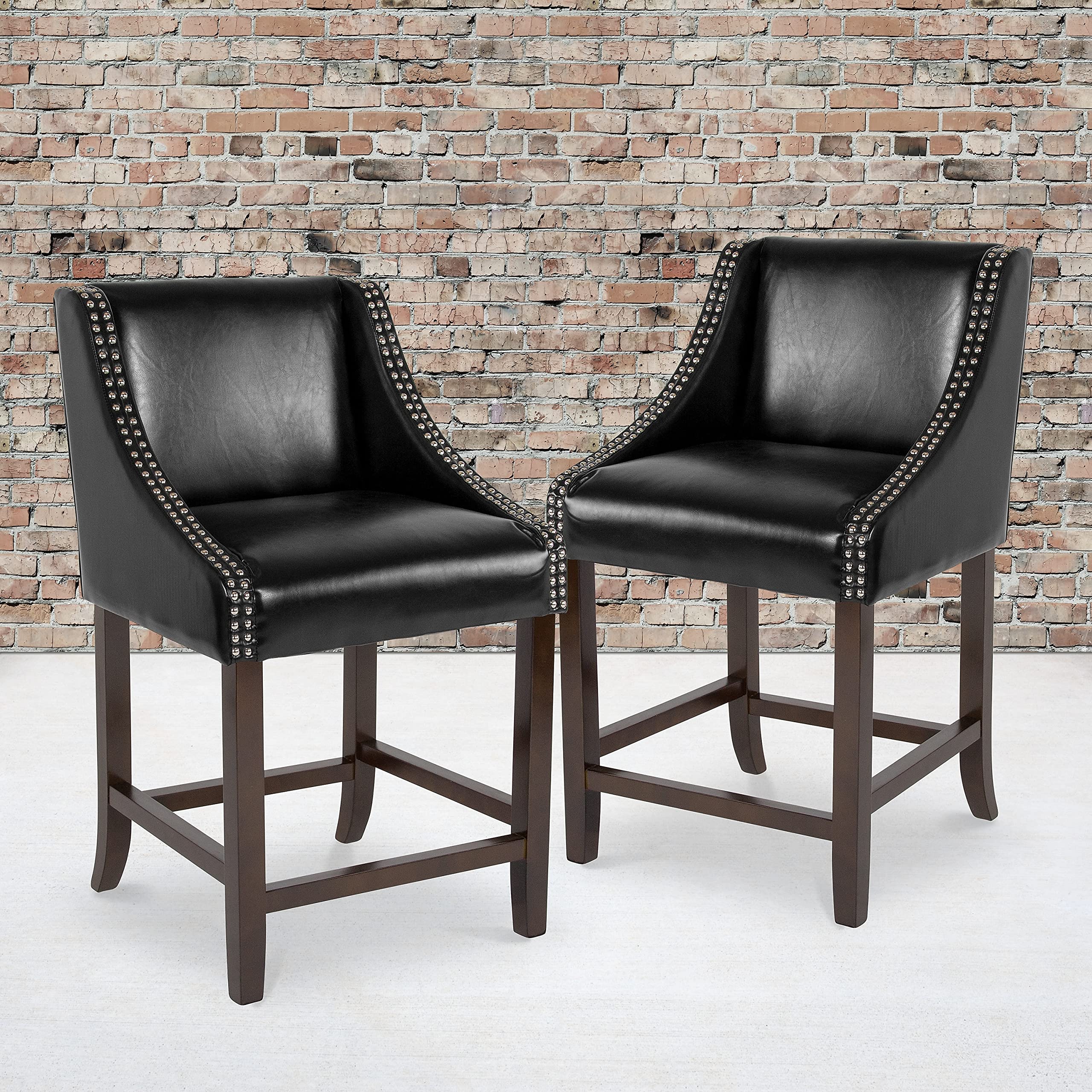 Flash Furniture Carmel Series 24' High Transitional Walnut Counter Height Stool With Nail Trim In Black Leathersoft, Set Of 2