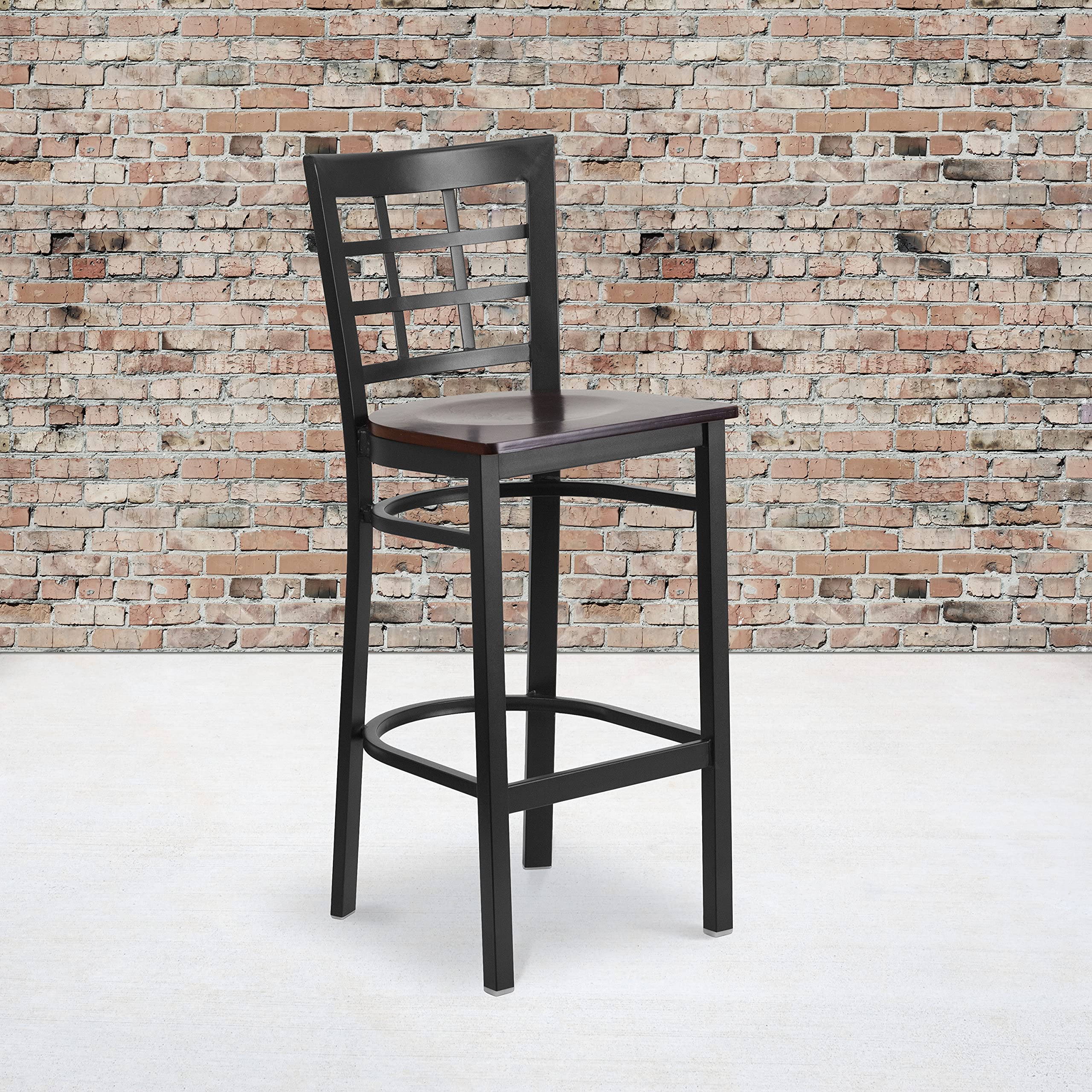 Flash Furniture HERCULES Series Black Window Back Metal Restaurant Barstool - Walnut Wood Seat