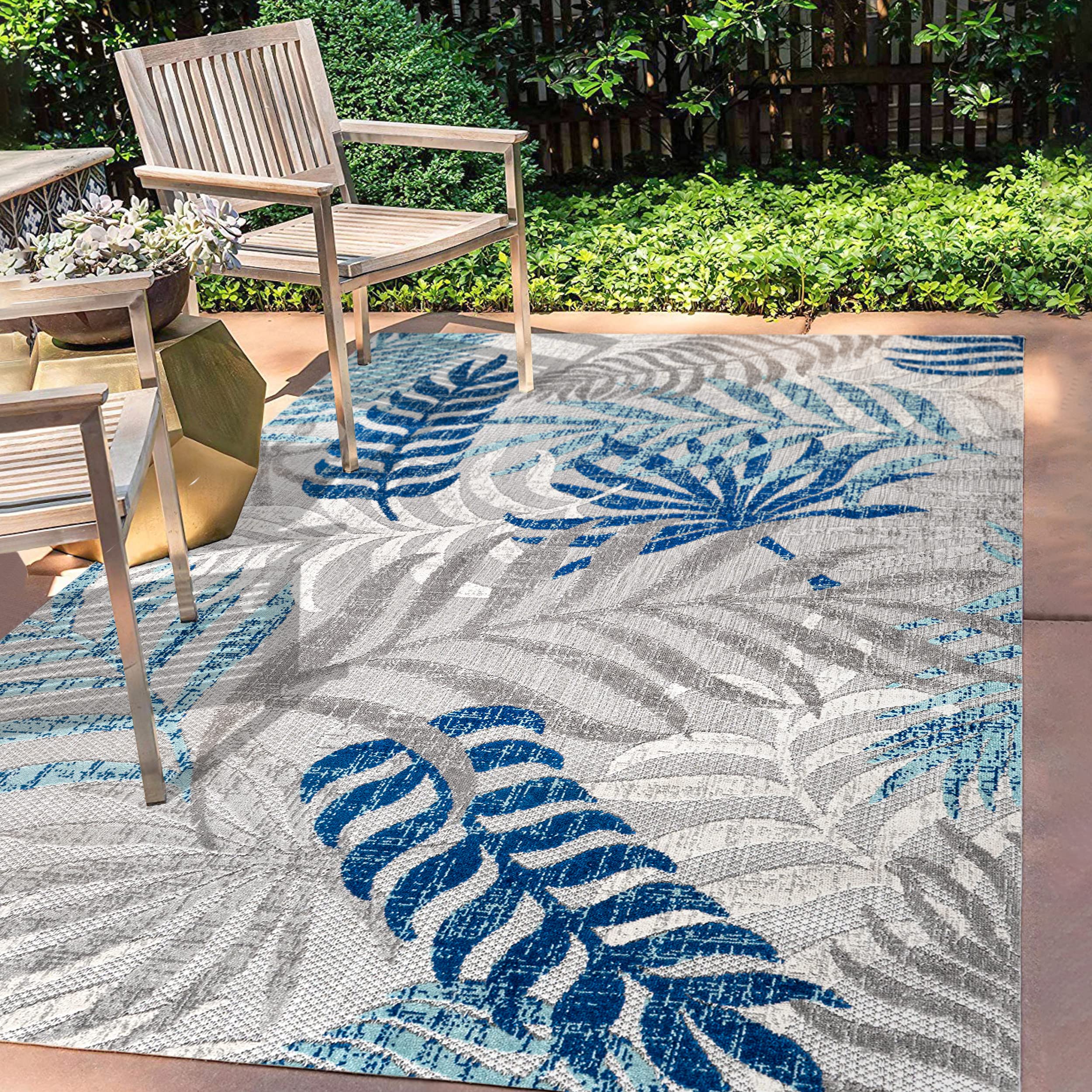Jonathan Y Amc100A-3 Tropics Palm Leaves Indoor Outdoor Area-Rug Bohemian Floral Easy-Cleaning High Traffic Bedroom Kitchen Backyard Patio Porch Non Shedding, 3 X 5, Gray/Blue