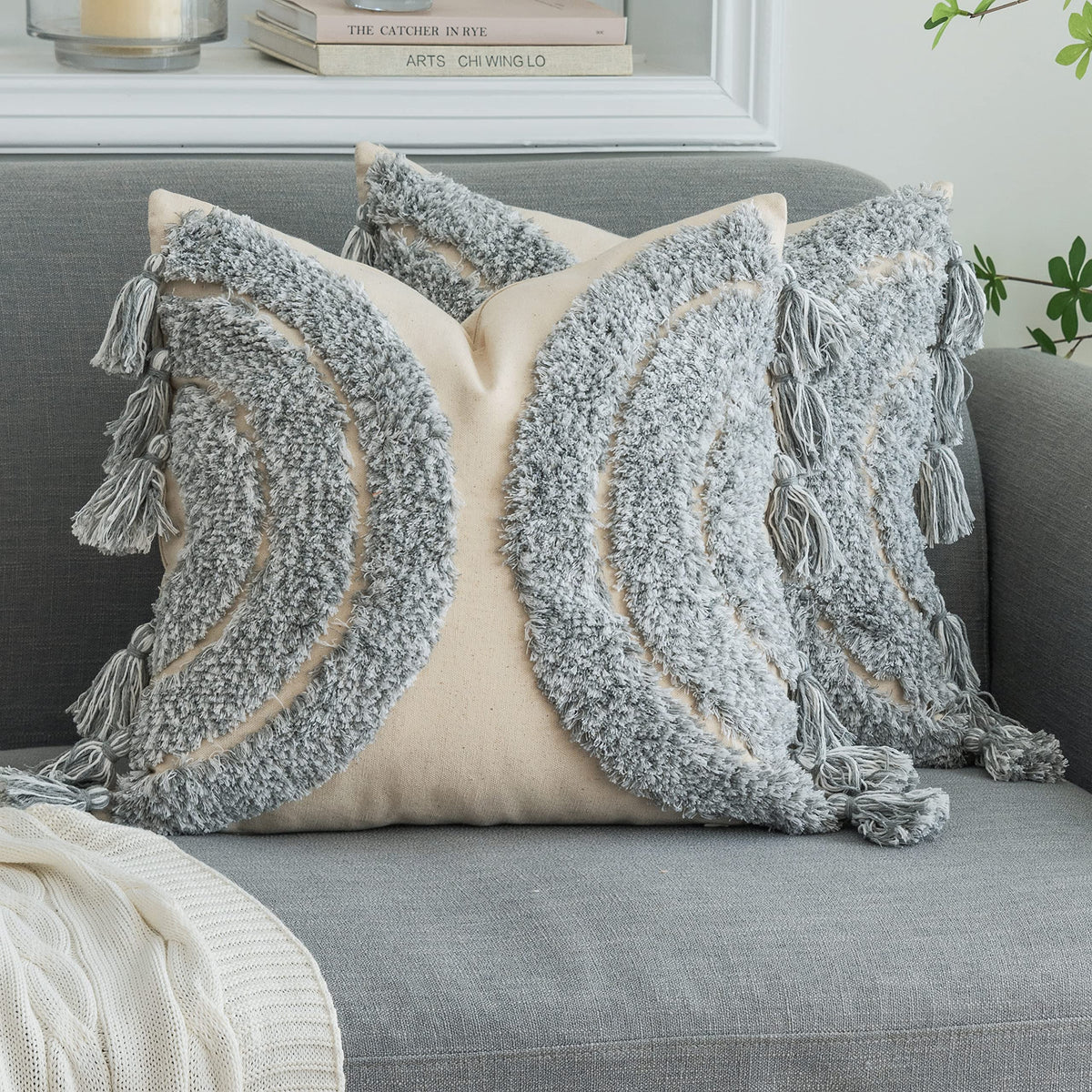 Foindtower Gorgeous Half Moon Accent Boho Tufted Decorative Throw Pillow Covers, Cozy Bohemian Rainbow Design Cotton Canvas Cush