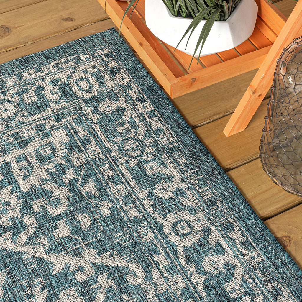 Jonathan Y Smb104B-28 Malta Bohemian Medallion Textured Weave Indoor Outdoor Area Rug, Coastal, Traditional, Transitional Easy Cleaning,Bedroom,Kitchen,Backyard,Patio,Non Shedding, Teal/Gray, 2 X 8