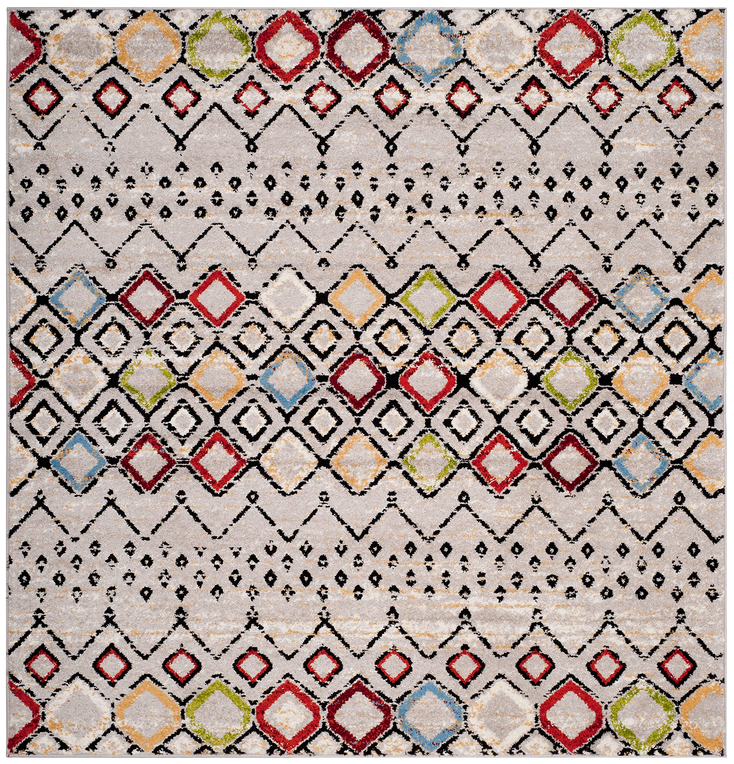 Safavieh Amsterdam Collection 6'7'' Square Light Grey/Multi Ams108G Moroccan Boho Non-Shedding Living Room Bedroom Area Rug