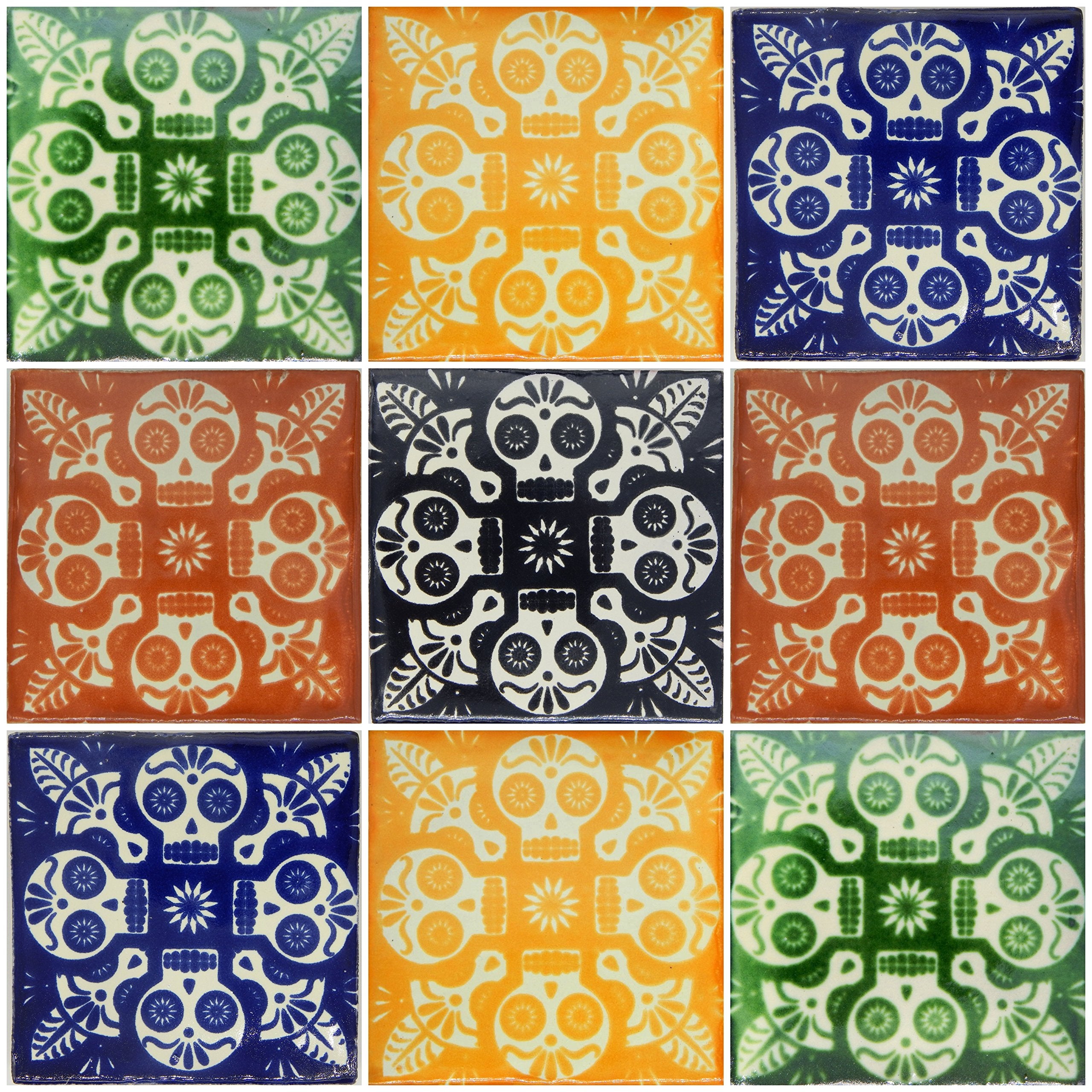 COLOR Y TRADICI  N 9 Mexican Tiles 4'' x 4'' Day of The Dead Skulls Hand Painted
