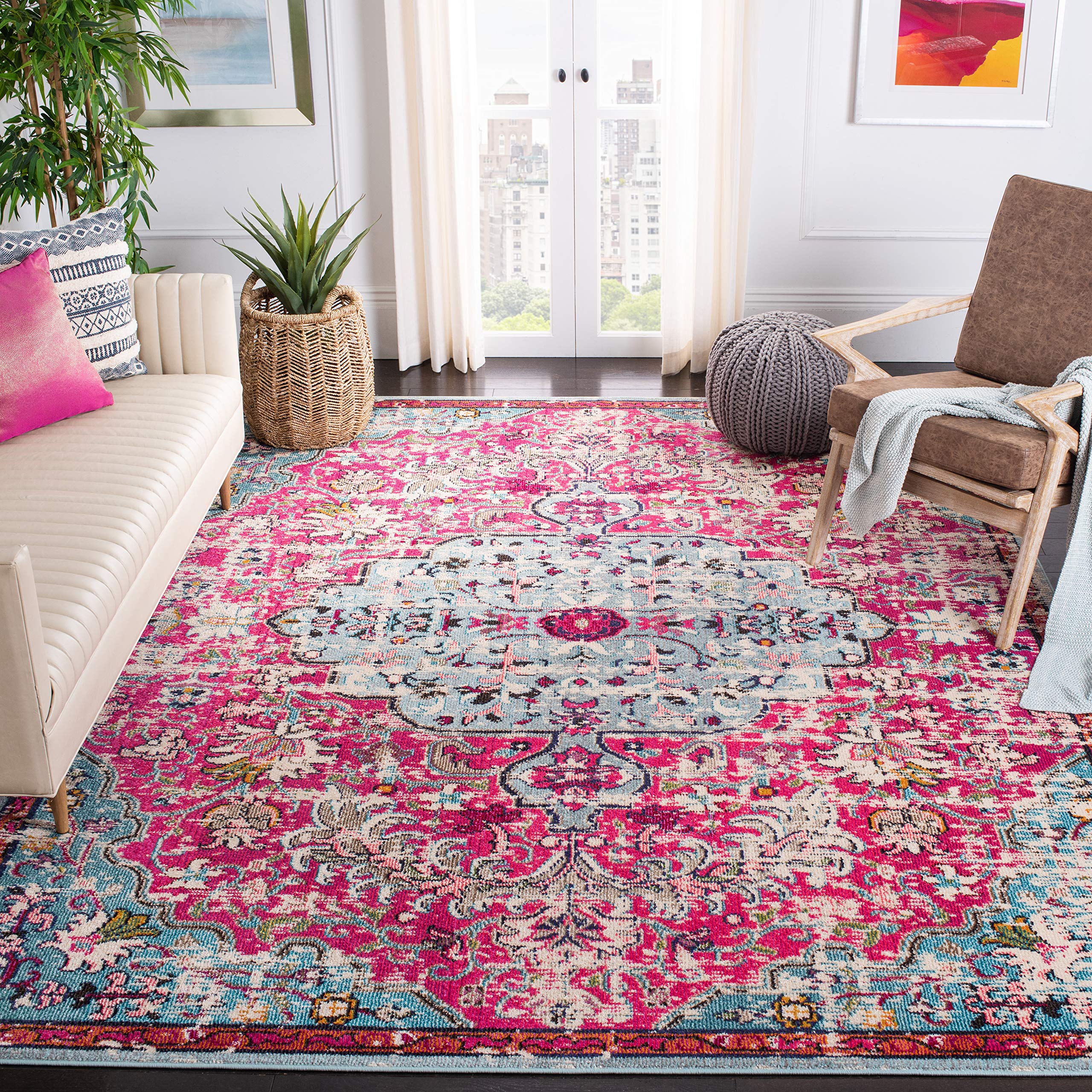 SAFAVIEH Madison Collection Accent Rug - 3 x 5, Fuchsia & Teal, Medallion Distressed Design, Non-Shedding & Easy Care, Ideal f