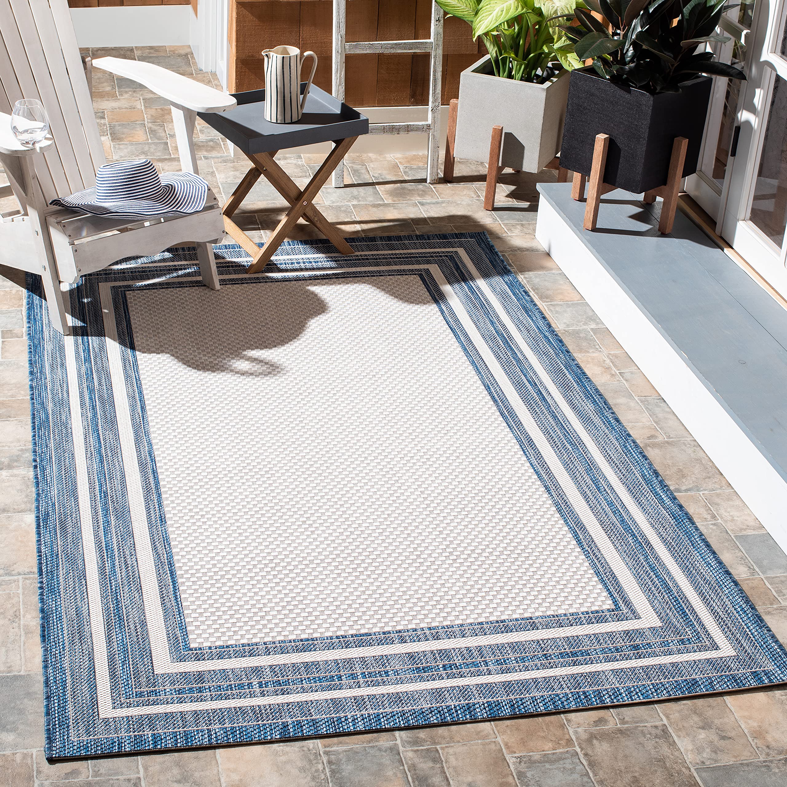Safavieh Courtyard Collection 6'7' Square Ivory/Navy Cy8475 Indoor/ Outdoor Waterproof Easy Cleaning Patio Backyard Mudroom Are