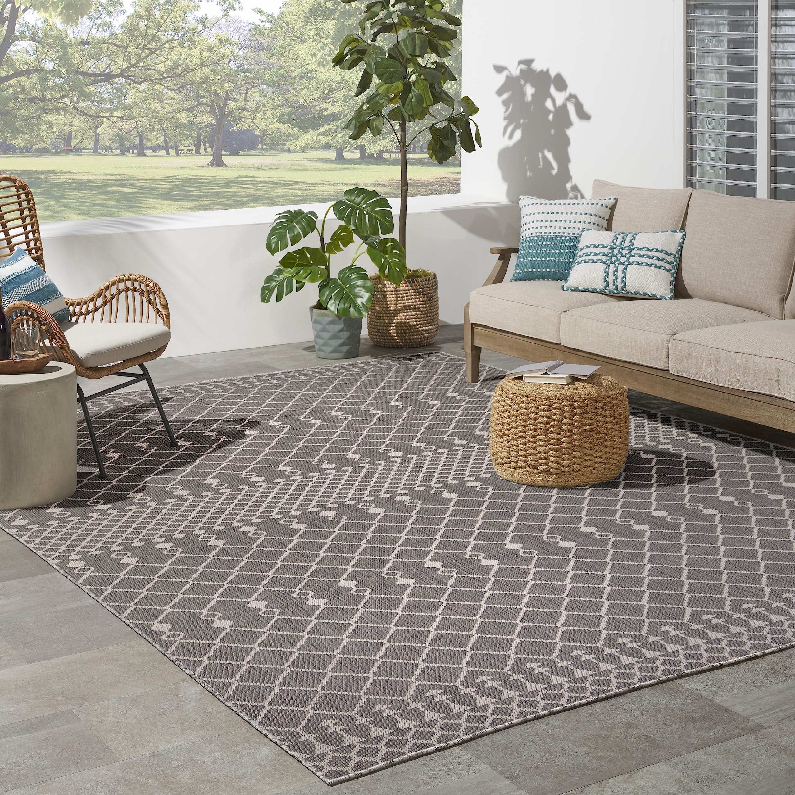 Nourison Positano Indoor/Outdoor Charcoal 8' X 10' Area Rug, Easy Cleaning, Non Shedding, Bed Room, Living Room, Dining Room, Ba