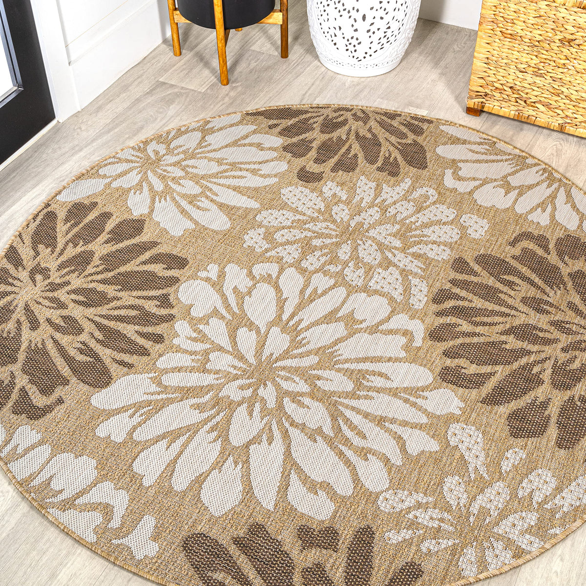 Jonathan Y Smb110I-6R Zinnia Modern Floral Textured Weave Brown/Cream 6' Round Indoor/Outdoor Area Rug, Pet Friendly, Non-Sheddi