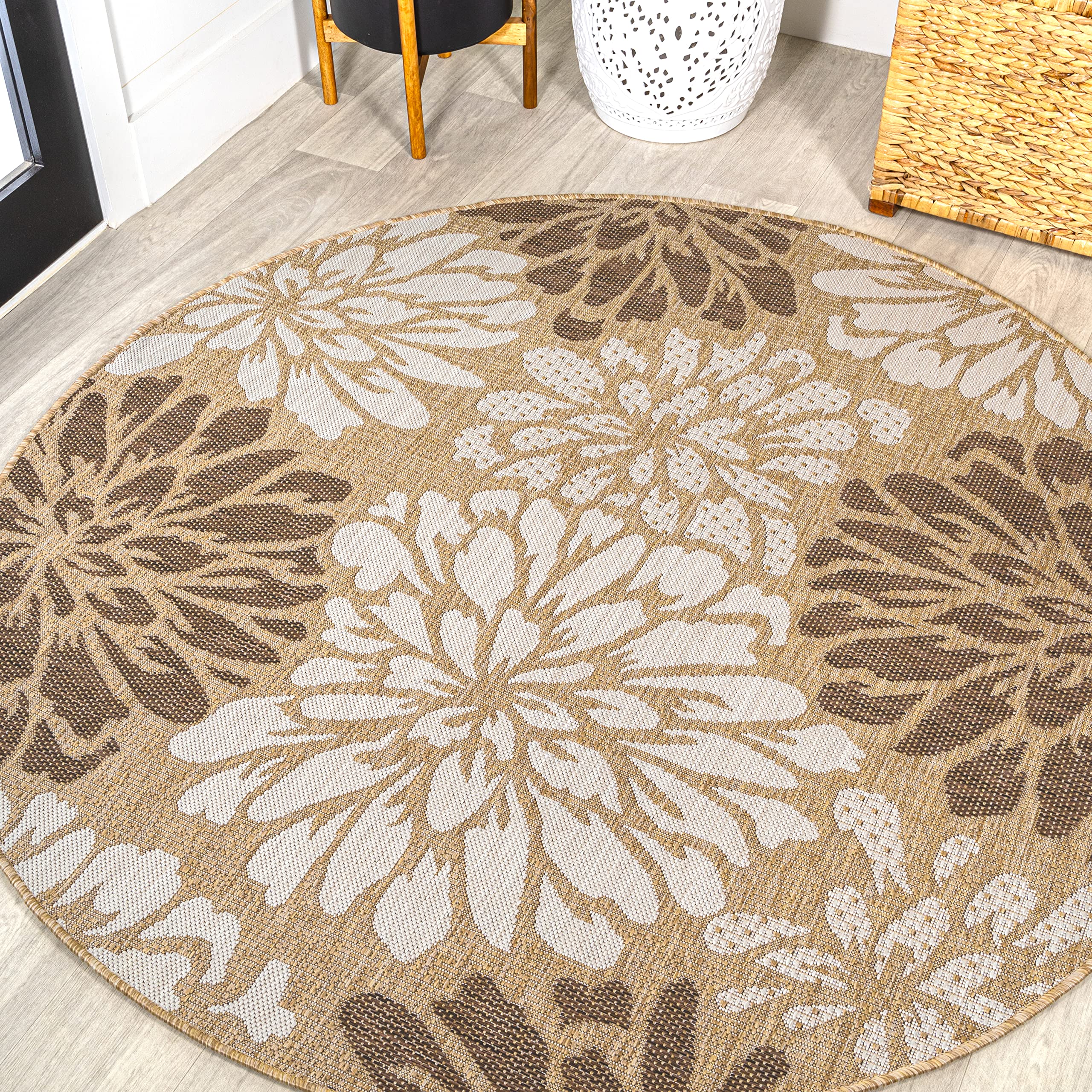 JONATHAN Y SMB110I-3R Zinnia Modern Floral Textured Weave Brown/Cream 3 Round Indoor/Outdoor Area Rug, Pet Friendly, Non-Sheddi
