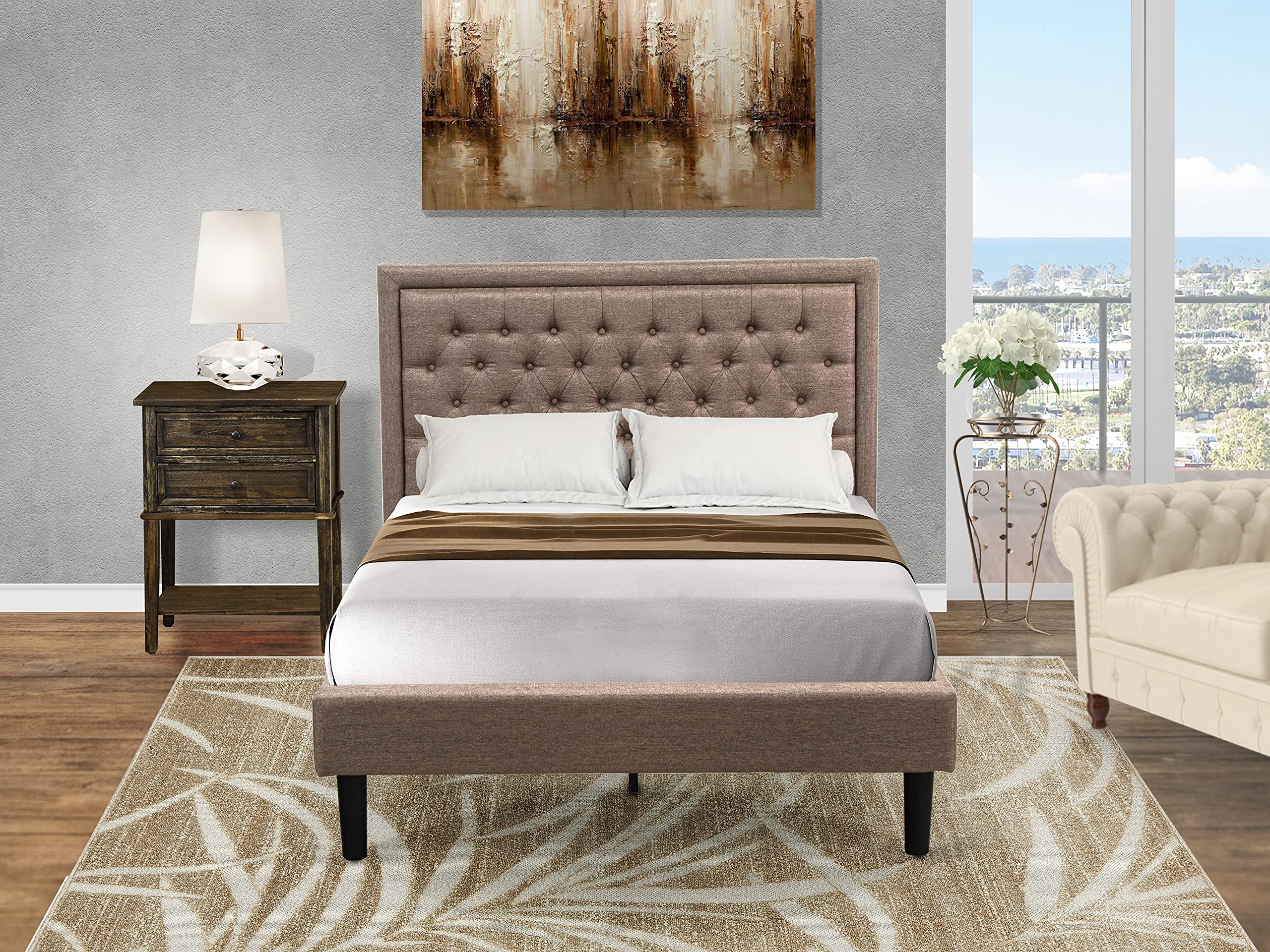 East West Furniture KD16F-1VL07 2 Piece Wooden Bedroom Set-1 Full Bed Frame Dark Khaki Linen Fabric Padded and Button Tufted Headboard with 1 Night Stands-Distressed Jacobean Finish Nightstand