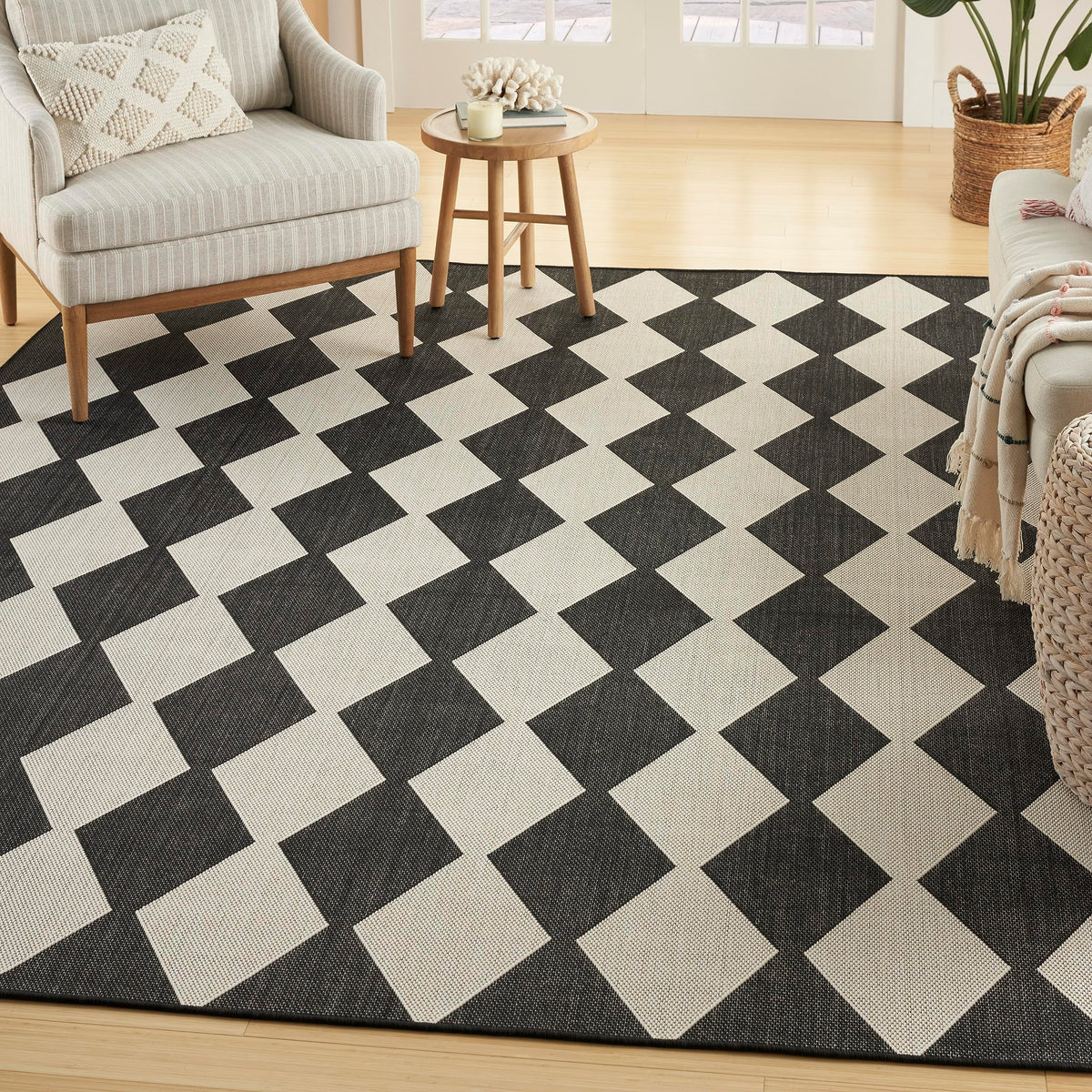 Nourison Positano Indoor-Outdoor Black 8' X 10' Area Rug, Easy Cleaning, Non Shedding, Bed Room, Living Room, Dining Room, Backy