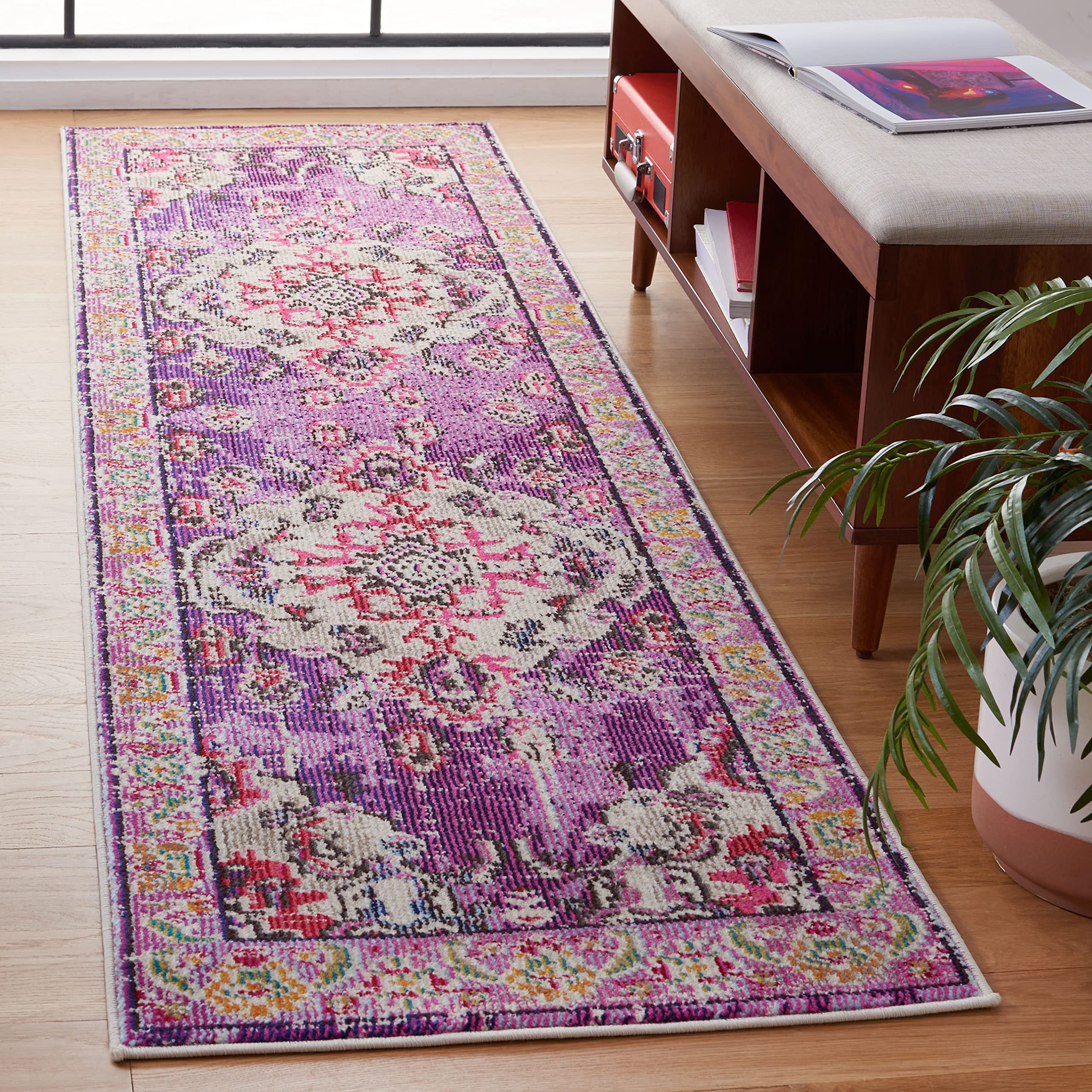 SAFAVIEH Monaco Collection Runner Rug - 22 x 8, Violet & Fuchsia, Boho Chic Medallion Distressed Design, Non-Shedding & Easy C