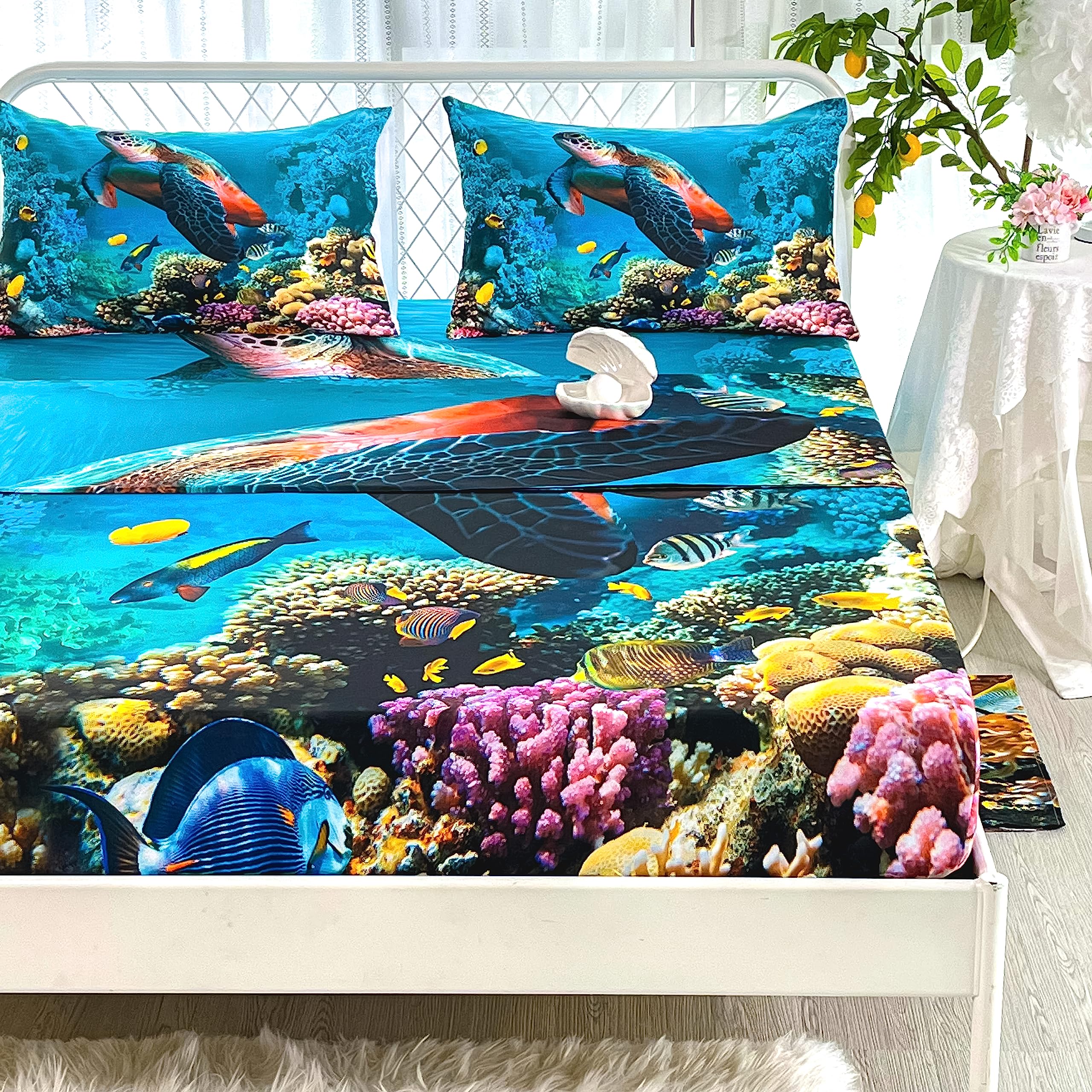 Cvhouse Sea Turtle Fitted Sheet,Ocean Bed Sheet Set Twin Size,Turtle Bedding Set For Boys Kids Girls,1 Flat Sheet & 1 Fitted She