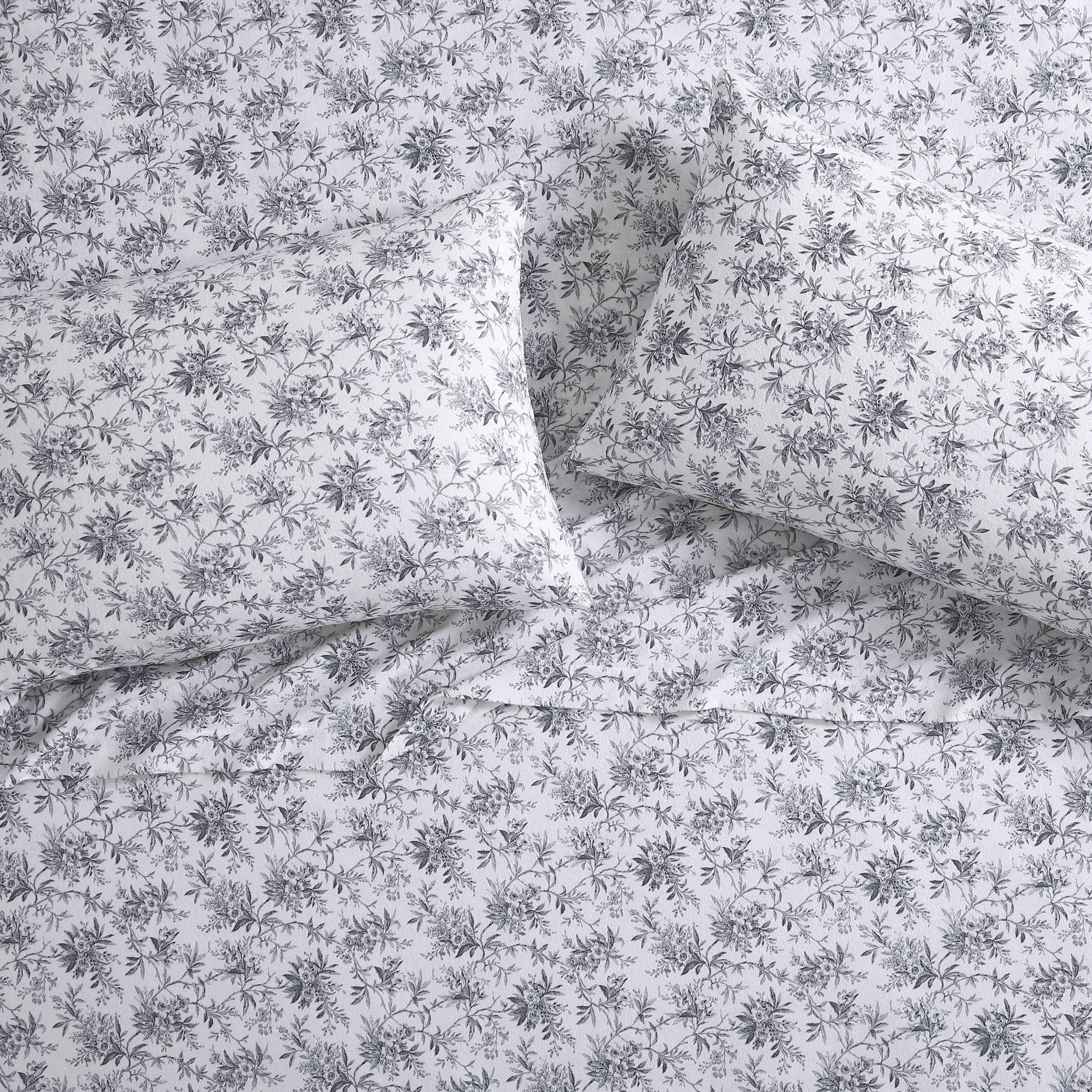 Laura Ashley Home - Twin Sheets, Cotton Flannel Bedding Set, Brushed For Extra Softness & Comfort (Black Faye Toile, Twin)