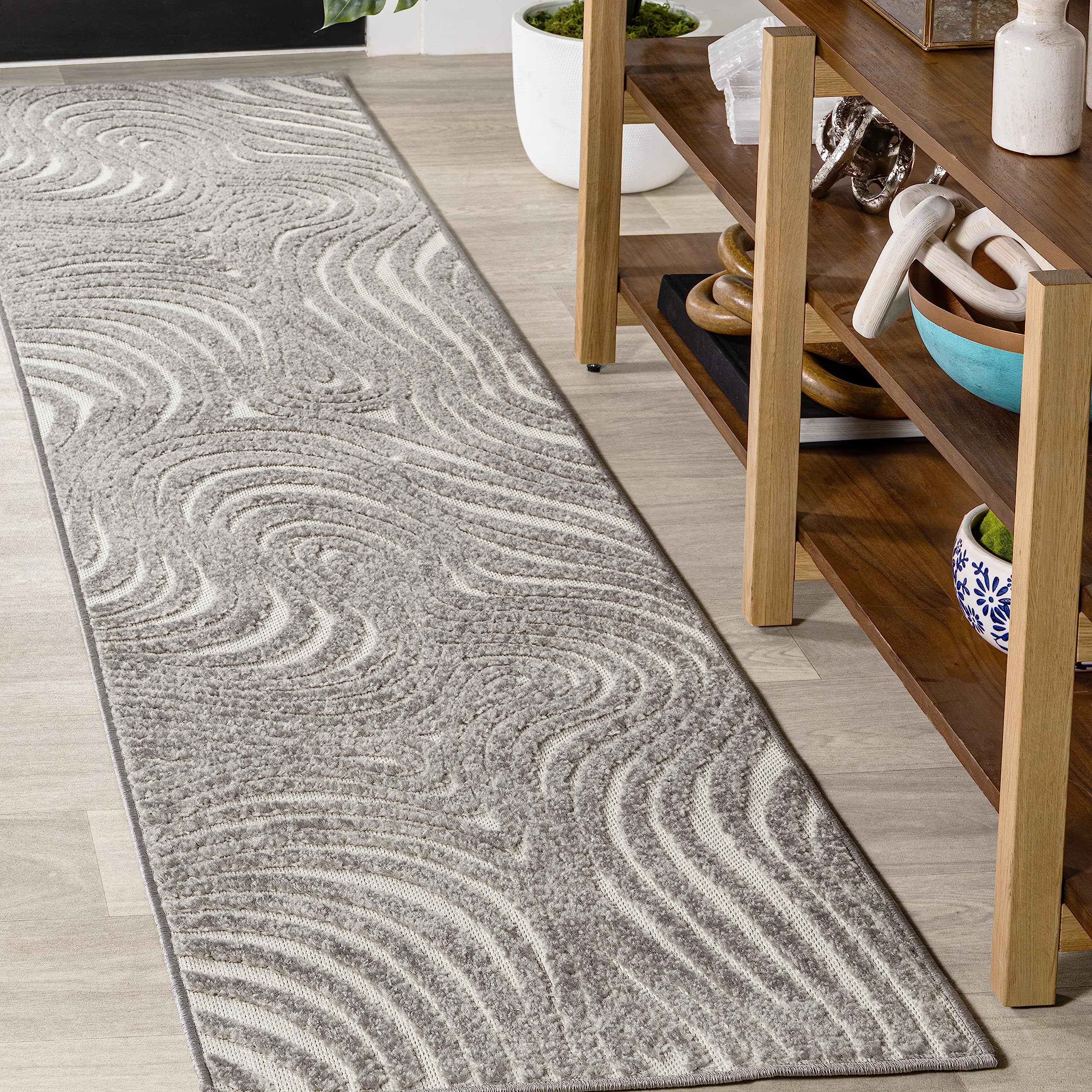 Jonathan Y Scn103B-210 Maribo High-Low Abstract Groovy Striped Gray/Ivory 2 Ft. X 10 Ft. Indoor/Outdoor Runner Rug, Pet Friendly