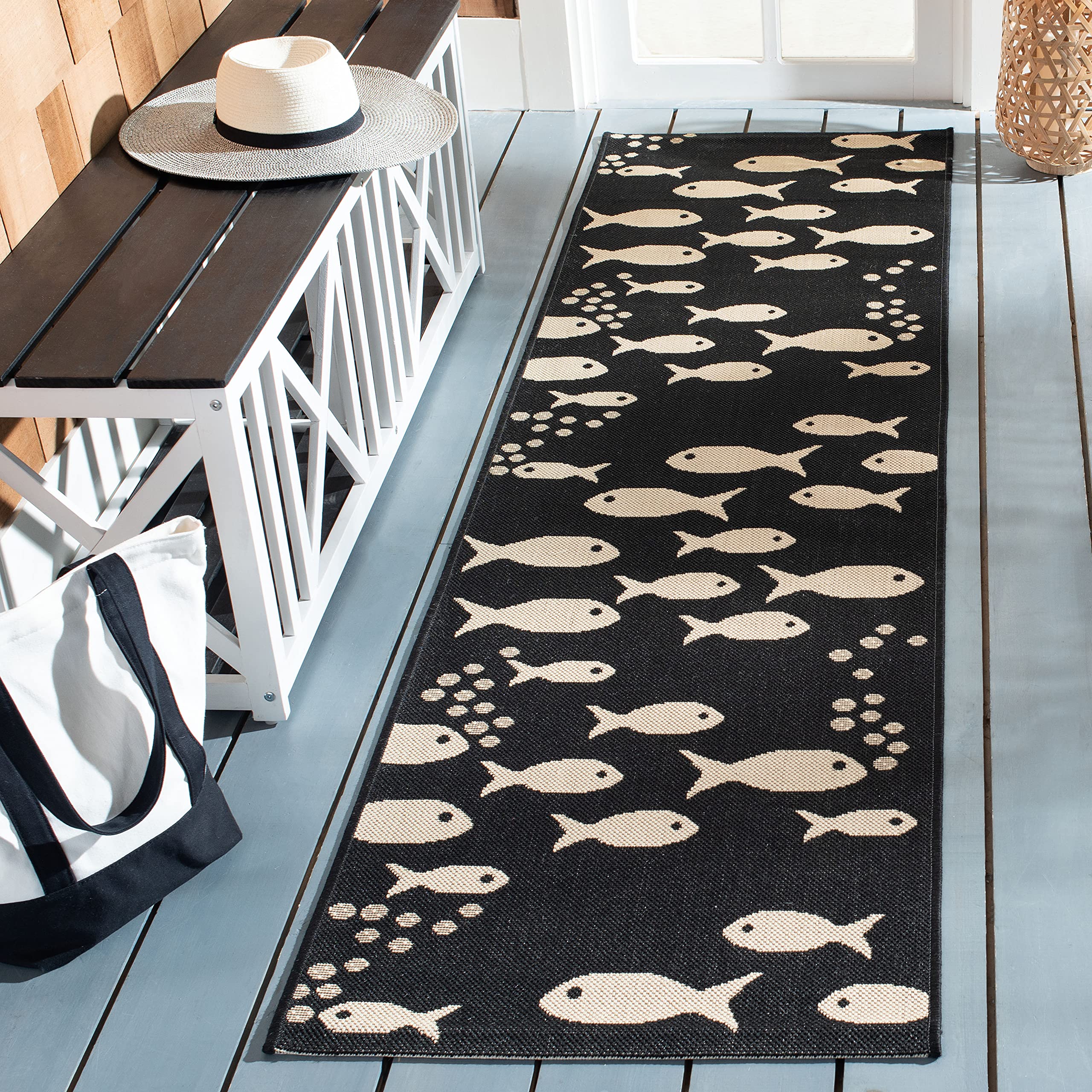 Safavieh Courtyard Collection Runner Rug - 2'3' X 12', Black & Beige, Non-Shedding & Easy Care, Indoor/Outdoor & Washable-Ideal